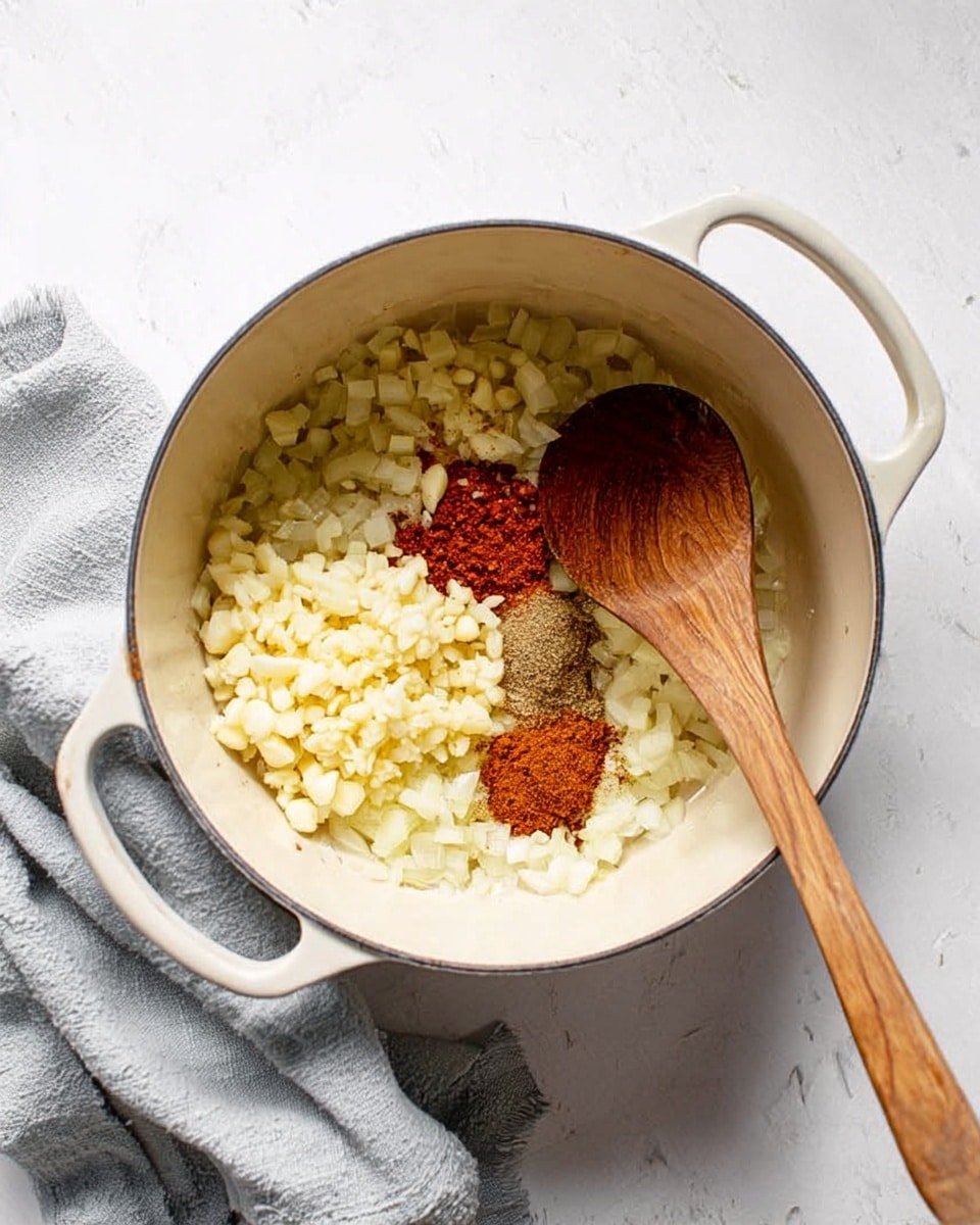A white pot on a white marbled surface holds three main layers: finely chopped translucent onions that cover the bottom and sides of the pot, a pile of minced garlic placed near the top left inside the pot, and three small piles of different powdered spices in the middle, showing colors of red, light brown, and dark brown. A wooden spoon with a round head rests inside the pot, partially covering the onions on the right. A light grey cloth is seen resting near the pot on the left side. Photo taken with an iphone --ar 4:5 --v 7
