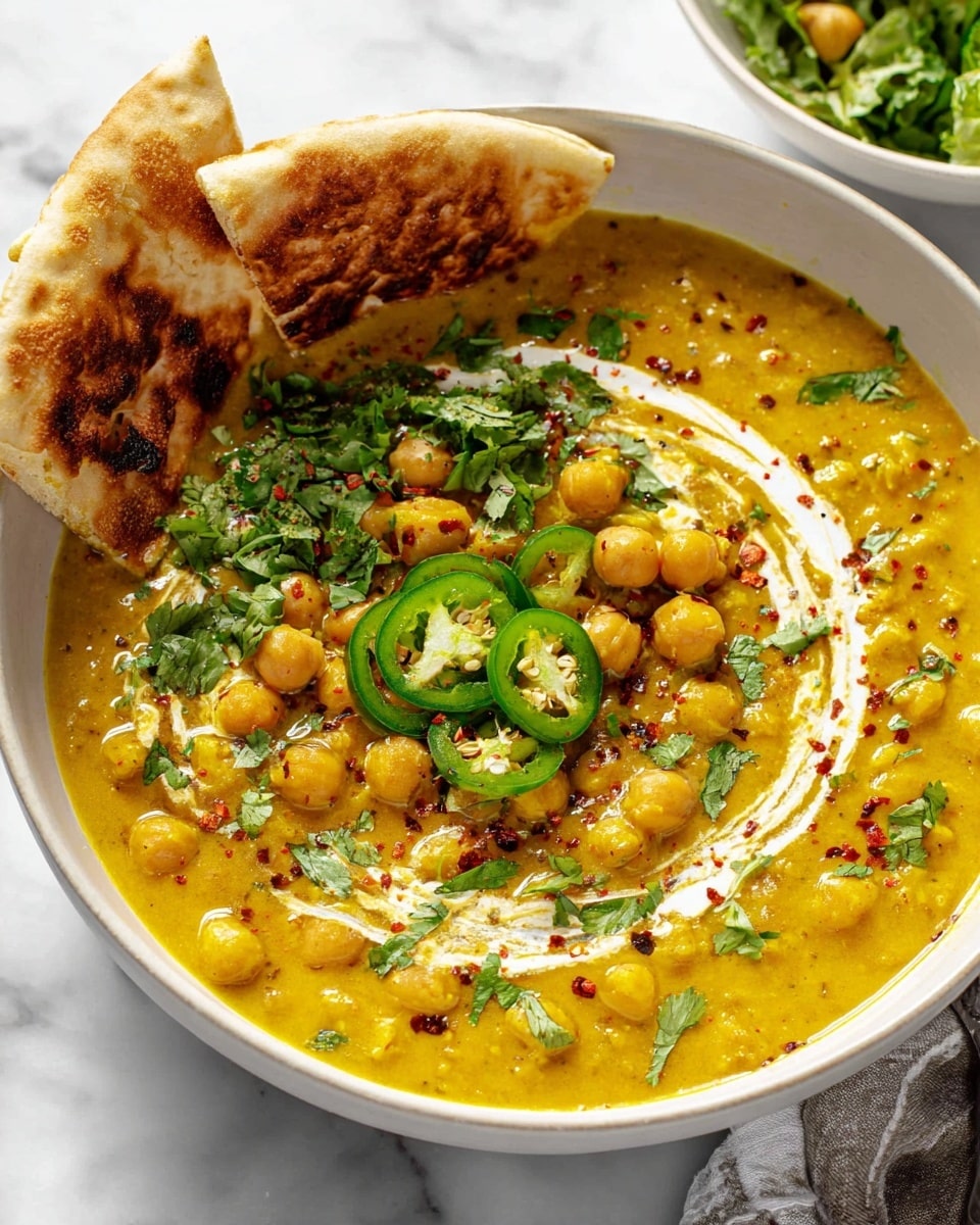 A white bowl filled with thick yellow chickpea curry mixed with small chickpeas and a creamy swirl on top, garnished with chopped fresh green cilantro and thin slices of jalapeño sprinkled with red chili flakes in the center, two pieces of toasted flatbread are placed on the side resting against the bowl's edge, the bowl sits on a white marbled surface, with part of a green salad in a white bowl seen blurred in the background photo taken with an iphone --ar 4:5 --v 7