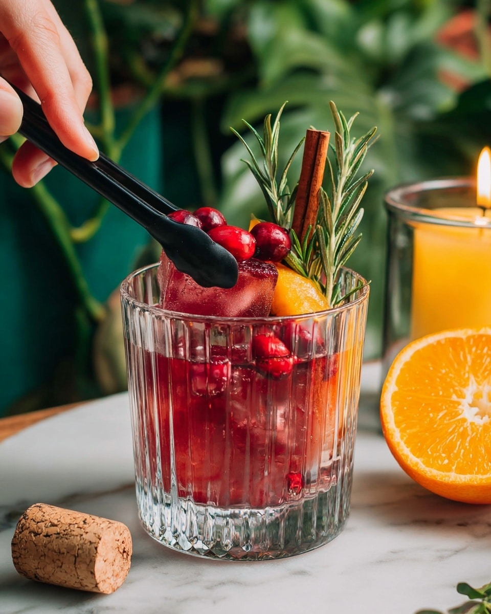 A clear glass with vertical ridges holds a large rectangular red ice block filled with bright red cranberries, an orange peel, a cinnamon stick, and a sprig of rosemary. A woman's hand using black tongs is placing the ice block into the glass. The scene is set on a white marbled surface with green leafy plants in the blurry background. Nearby, there is a lit yellow candle in a transparent holder, a cork stopper, and a halved orange showing its bright interior. photo taken with an iphone --ar 4:5 --v 7