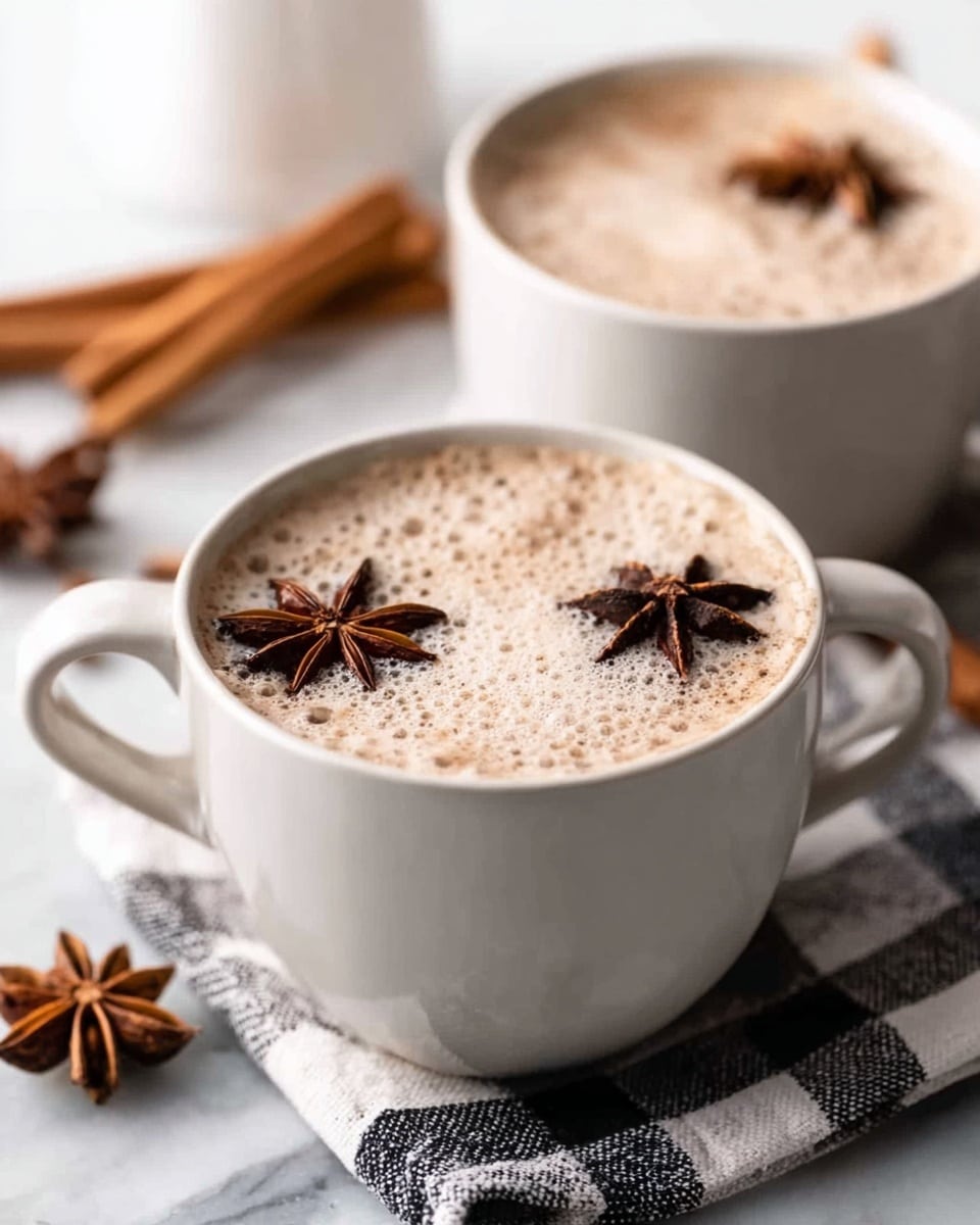 Two white cups sit on a white marbled surface with a black and white checkered cloth beneath. Each cup is filled with a light brown frothy beverage that has a soft, bubbly foam layer on top. Floating gently on the foam of each drink are two dark brown star anise pieces. In the background, near the second cup, there are a few cinnamon sticks and star anise pieces resting on the cloth. The scene shows warm, cozy drinks with textured foam and spices, photo taken with an iphone --ar 4:5 --v 7