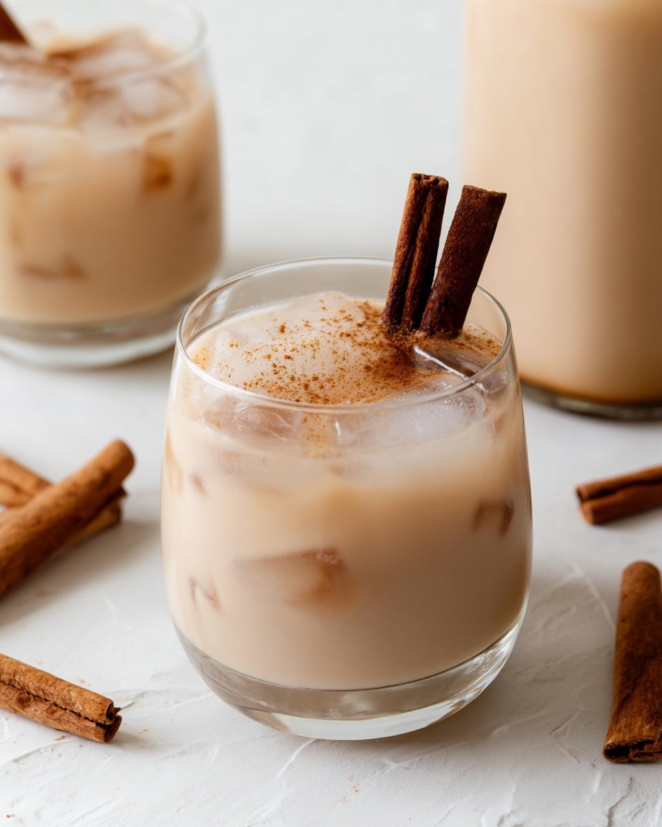 A clear glass filled with ice cubes topped with a light creamy liquid sprinkled with brown cinnamon powder, and two whole cinnamon sticks placed upright inside the glass. In the background, another glass with a similar creamy drink and a round wooden board can be partially seen, along with whole cinnamon sticks resting on a white marbled texture surface. The colors are soft whites and light browns with a cozy, neutral tone. photo taken with an iphone --ar 4:5 --v 7
