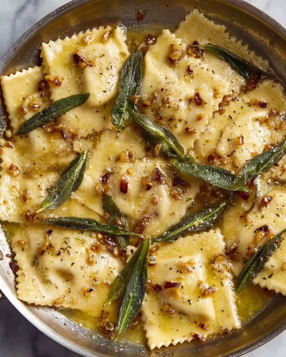 The image shows a close-up view of ravioli in a silver pan. The dish has two main layers: large square ravioli pieces with light yellow pasta dough and browned spots are scattered unevenly, and whole green sage leaves that are slightly crispy on the edges lie on and between the ravioli. The ravioli is covered with melted butter that has small brown bits of toasted nuts or garlic floating in it. The sauce looks warm and glossy with a soft texture. The background surface is a white marbled texture photo taken with an iphone --ar 4:5 --v 7