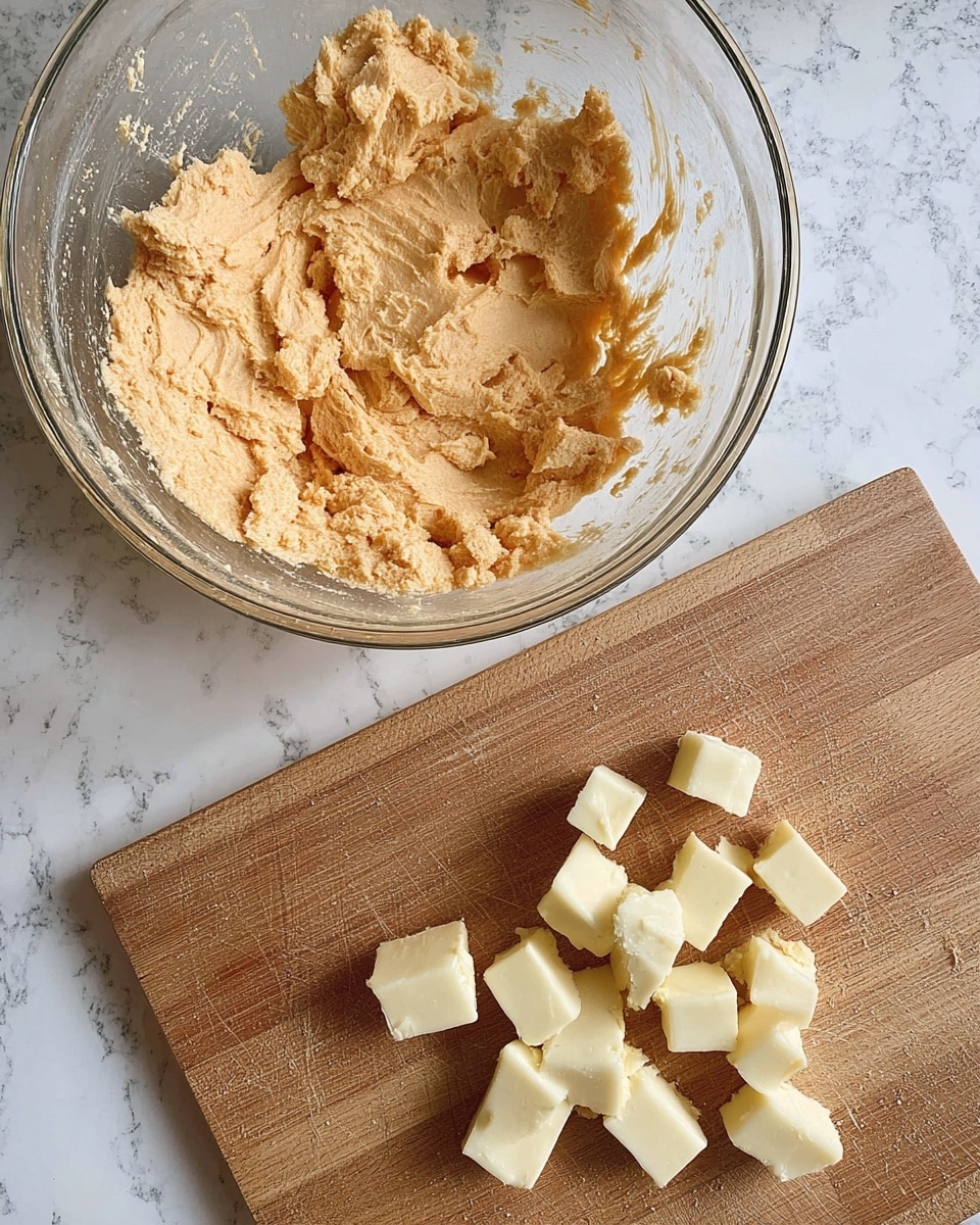 A clear glass bowl on a white marbled surface holds a thick, pale orange mixture with a rough, crumbly texture and streaks showing the mixing marks. Next to it is a wooden cutting board with several small, even cubes of pale yellow cheese scattered across it. The background is simple, focusing on the bowl and cutting board. photo taken with an iphone --ar 4:5 --v 7