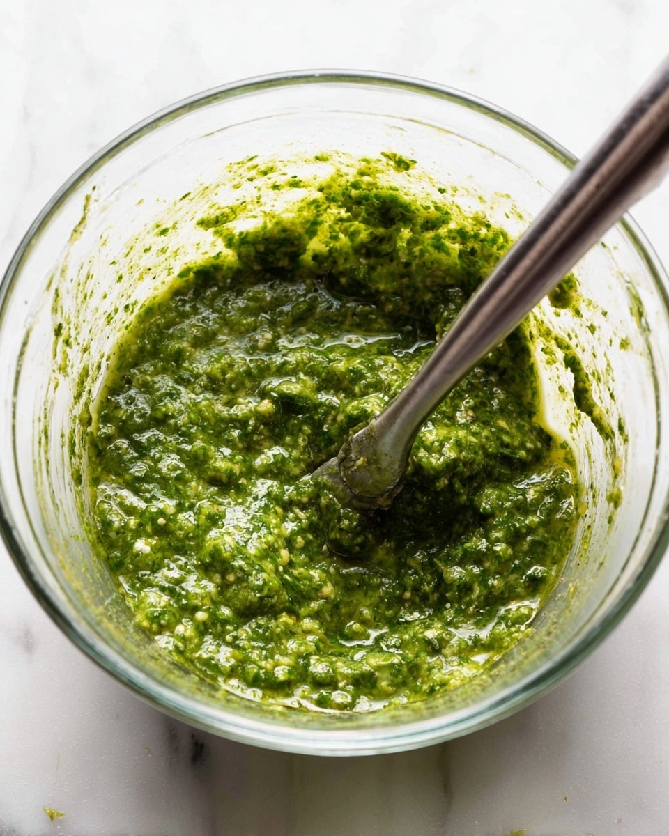 A clear glass bowl filled with a bright green, textured sauce that looks thick and slightly chunky. A metal blender stick is inside the bowl, partially coated with the sauce, blending the mixture. The bowl sits on a white marbled surface, and flecks of the sauce stick to the sides of the bowl, showing the fresh and coarse texture of the green ingredients photo taken with an iphone --ar 4:5 --v 7