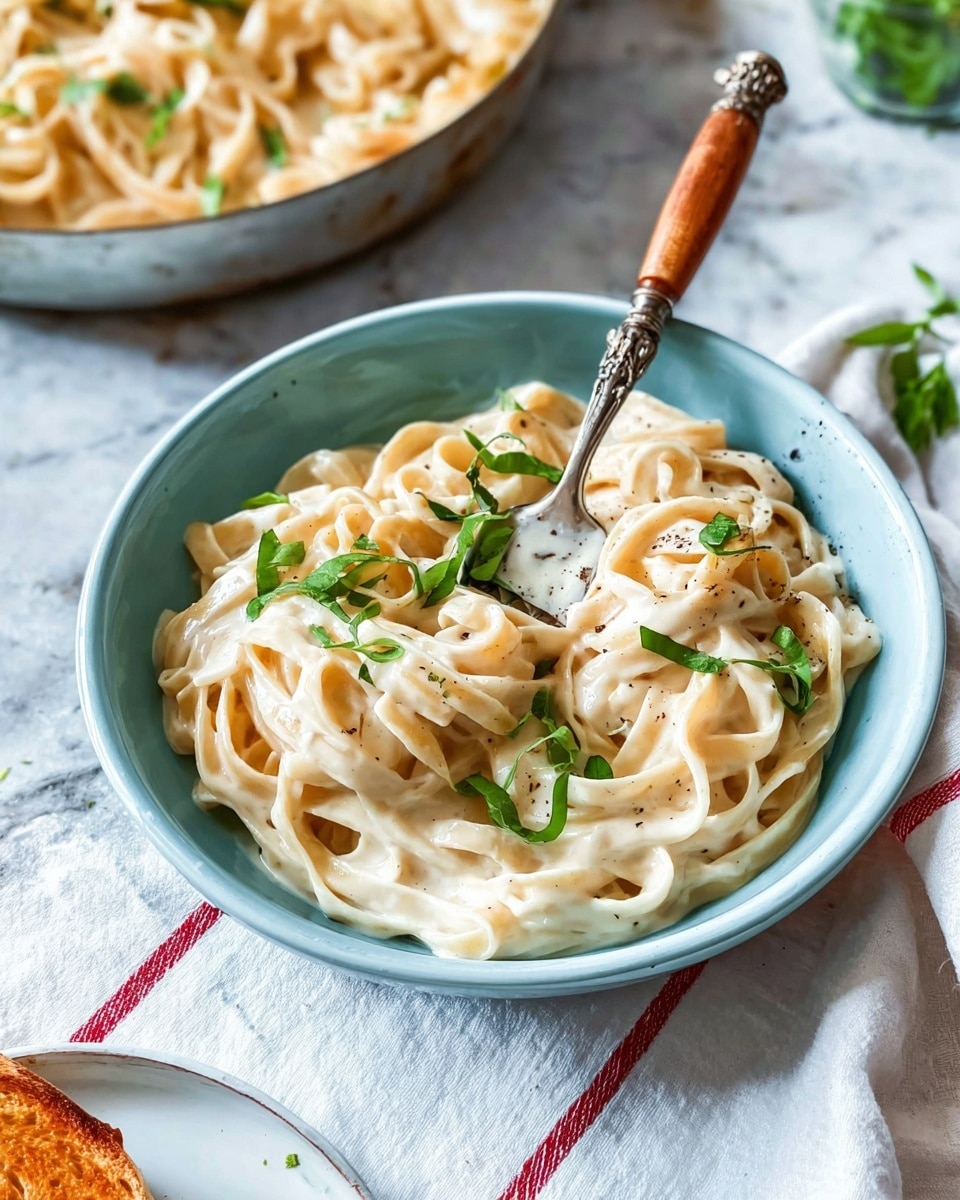 A light blue bowl filled with creamy white fettuccine pasta covered in a rich, smooth sauce, with fresh green herb leaves scattered on top. A silver fork with a wooden handle is placed inside the bowl, partially wrapped with pasta. In the background, a larger bowl with more creamy fettuccine sits on a white cloth with red stripes, all placed on a white marbled surface. A small white plate with a toasted piece of bread is also partially visible in the lower left corner. Photo taken with an iphone --ar 4:5 --v 7