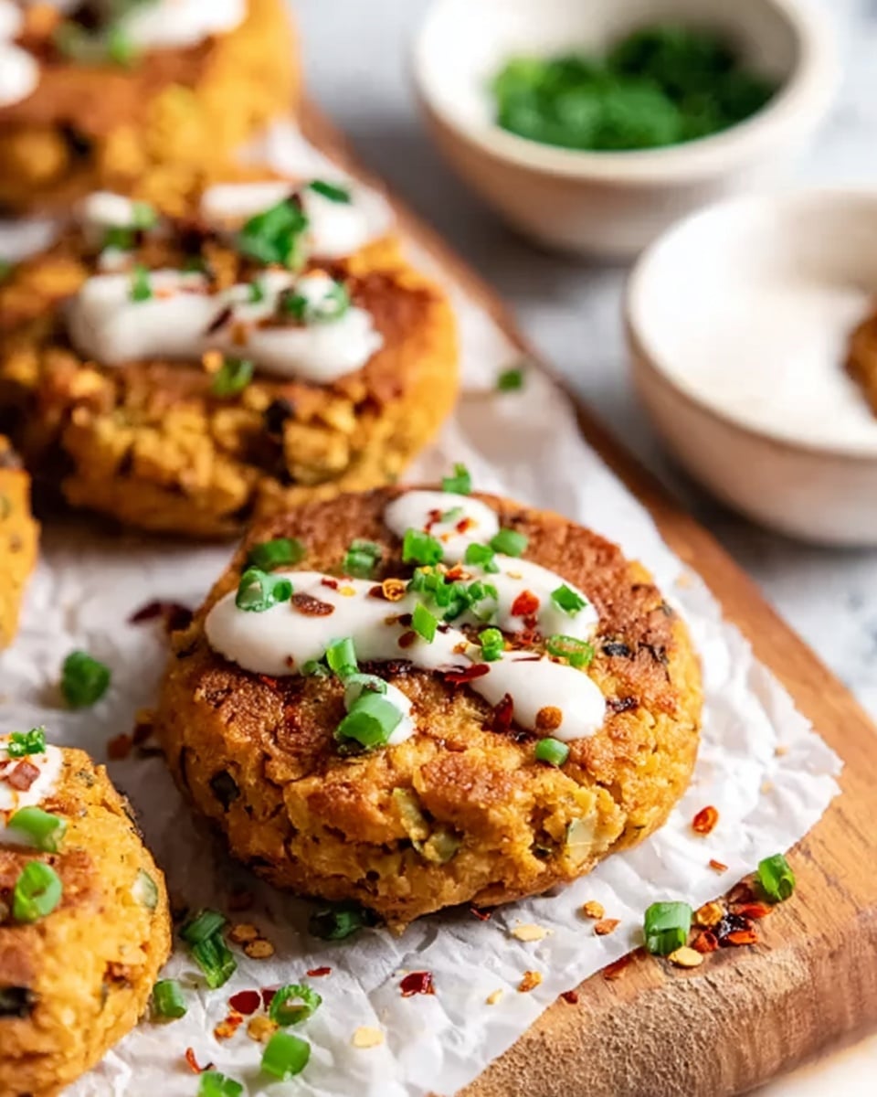 The image shows a close-up of round golden-brown patties with a rough, crumbly texture placed on white parchment paper on a wooden board. Each patty is topped with small drops of white sauce, sprinkled with bright green chopped chives and red chili flakes scattered unevenly over the top. The background features two small white bowls, one empty and the other filled with green herbs, all set on a white marbled surface. The lighting highlights the crispy texture of the patties and freshness of the garnishes. photo taken with an iphone --ar 4:5 --v 7