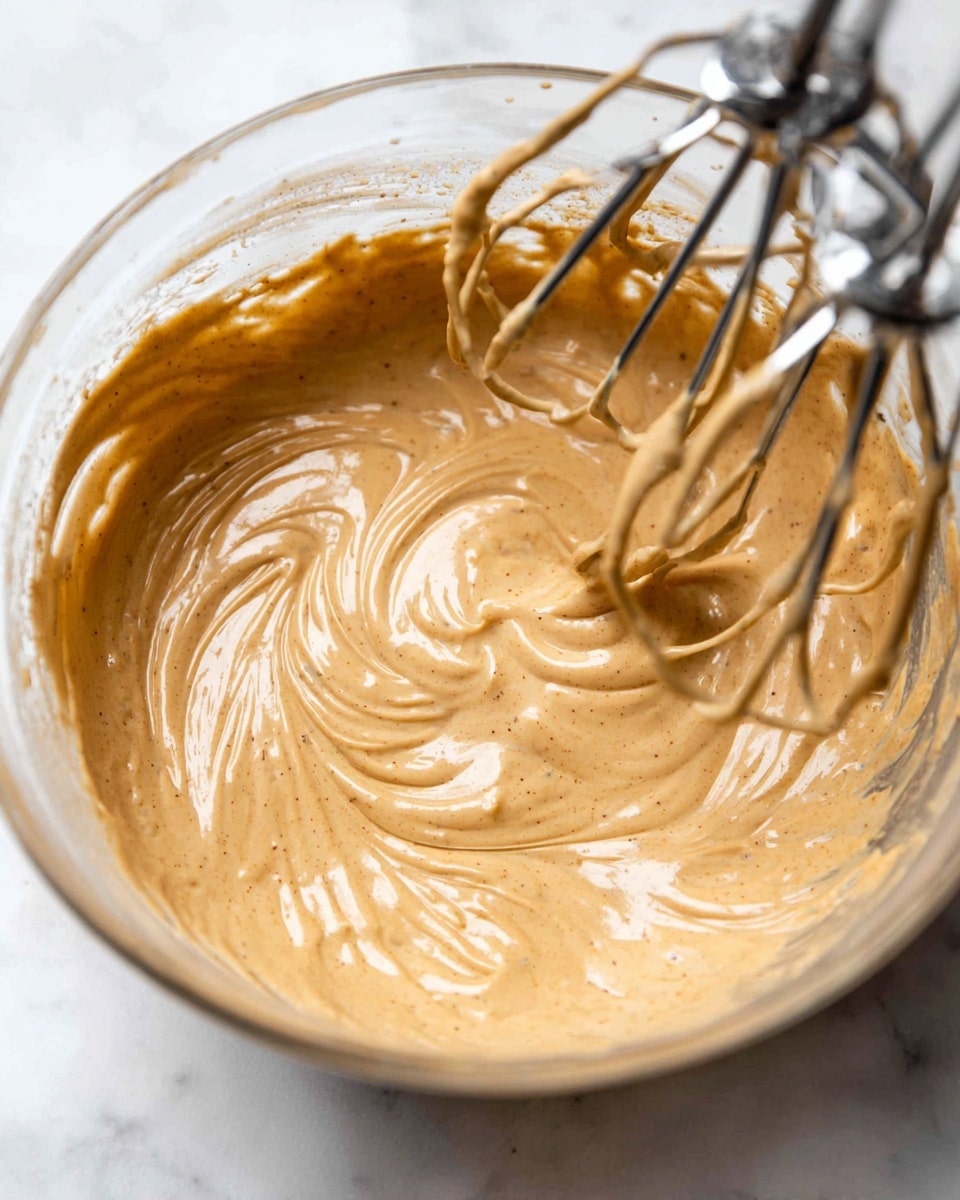 A close-up of a thick, creamy mixture with a smooth and glossy texture in a clear glass bowl, the mixture is light brown with small darker specks spread throughout. Two metal beaters from a hand mixer are partially submerged and coated with the creamy substance, creating swirling patterns on the surface. The bowl sits on a white marbled surface. photo taken with an iphone --ar 4:5 --v 7