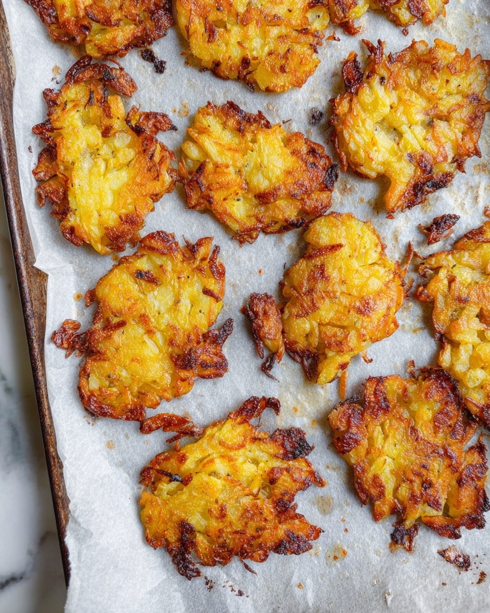 The image shows a baking tray lined with white parchment paper on a white marbled surface, holding around a dozen irregularly shaped, golden brown crispy potato patties. Each patty has a rough texture with some darker brown, almost burnt crispy edges, and the inner parts are a lighter golden yellow. The patties are thin and uneven, some with small gaps or holes, and oily spots gleam on the parchment paper around them, showing a freshly baked finish. photo taken with an iphone --ar 4:5 --v 7