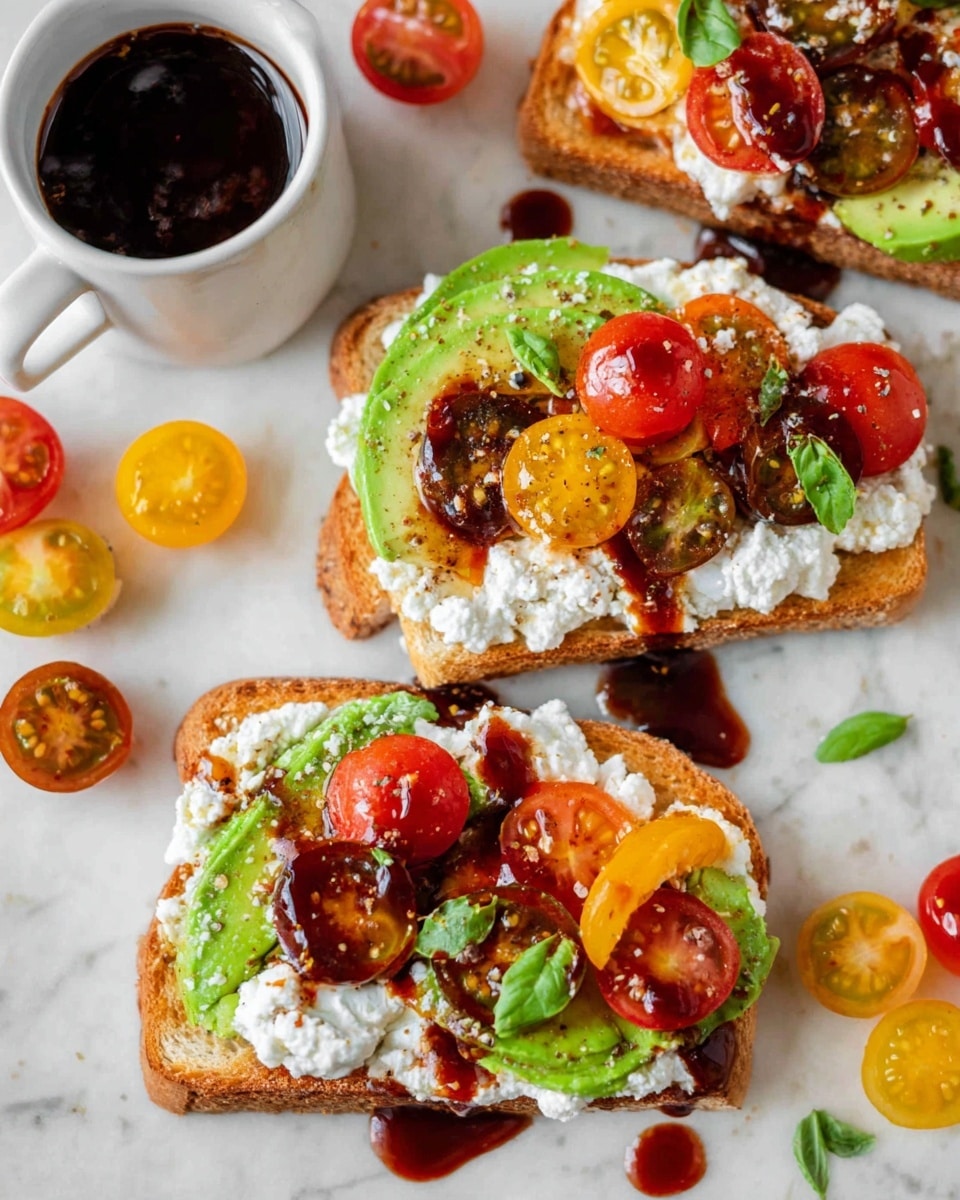 The image shows two slices of toasted bread lying on a white marbled surface. Each slice has a bottom layer of green avocado slices arranged evenly, topped with a thick layer of white cottage cheese. On top of the cottage cheese, there are halved cherry tomatoes in red, yellow, and brown colors, drizzled with a dark reddish-brown sauce that slightly drips down the sides. Around the toasts, there are more halved cherry tomatoes and some fresh green basil leaves scattered. In the background, there is a small white cup with a spoon inside, filled with a reddish sauce, and a halved avocado with its seed is partially visible. The photo taken with an iphone --ar 4:5 --v 7