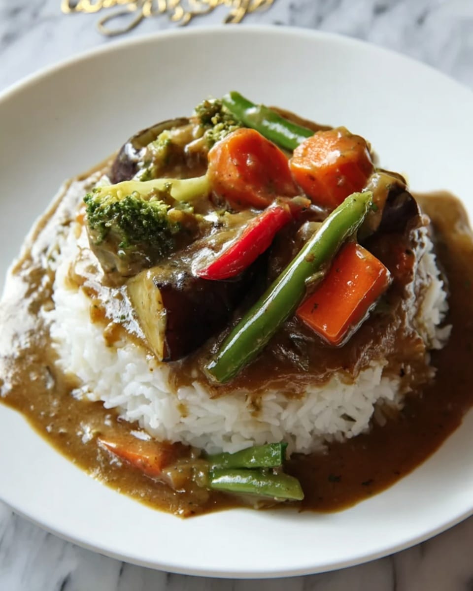 The dish shows a mound of white rice at the bottom on a white plate, topped with thick brown sauce that has a creamy texture. Over the sauce, there are several chunky pieces of vegetables including orange carrot chunks, green beans, bright green pepper, and small broccoli pieces. The sauce partially covers the rice and some vegetables fall slightly to the side on the white plate. The background is a white marbled surface. photo taken with an iphone --ar 4:5 --v 7