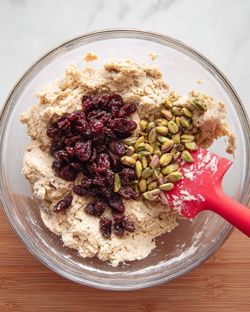 A clear glass bowl sits on a white marbled surface, filled with a dough mixture that has a rough, crumbly texture in a pale beige color. On top of the dough, there are two distinct piles: one of dark red dried cranberries with a wrinkled texture, and another of small, oval-shaped green pistachios with a slightly dusty appearance. A red spatula is partially submerged on the right side of the bowl, with some dough residue on its flat surface. Photo taken with an iphone --ar 4:5 --v 7