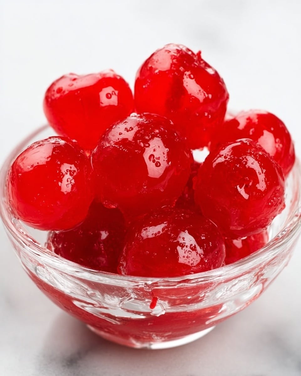 A clear glass bowl filled with multiple shiny, bright red candied cherries. The cherries are smooth and glossy, with a slightly wet-looking texture, showing their translucent red color. The bowl is set on a white marbled surface, and the picture focuses closely on the cherries, capturing their round shapes and shiny reflections. photo taken with an iphone --ar 4:5 --v 7