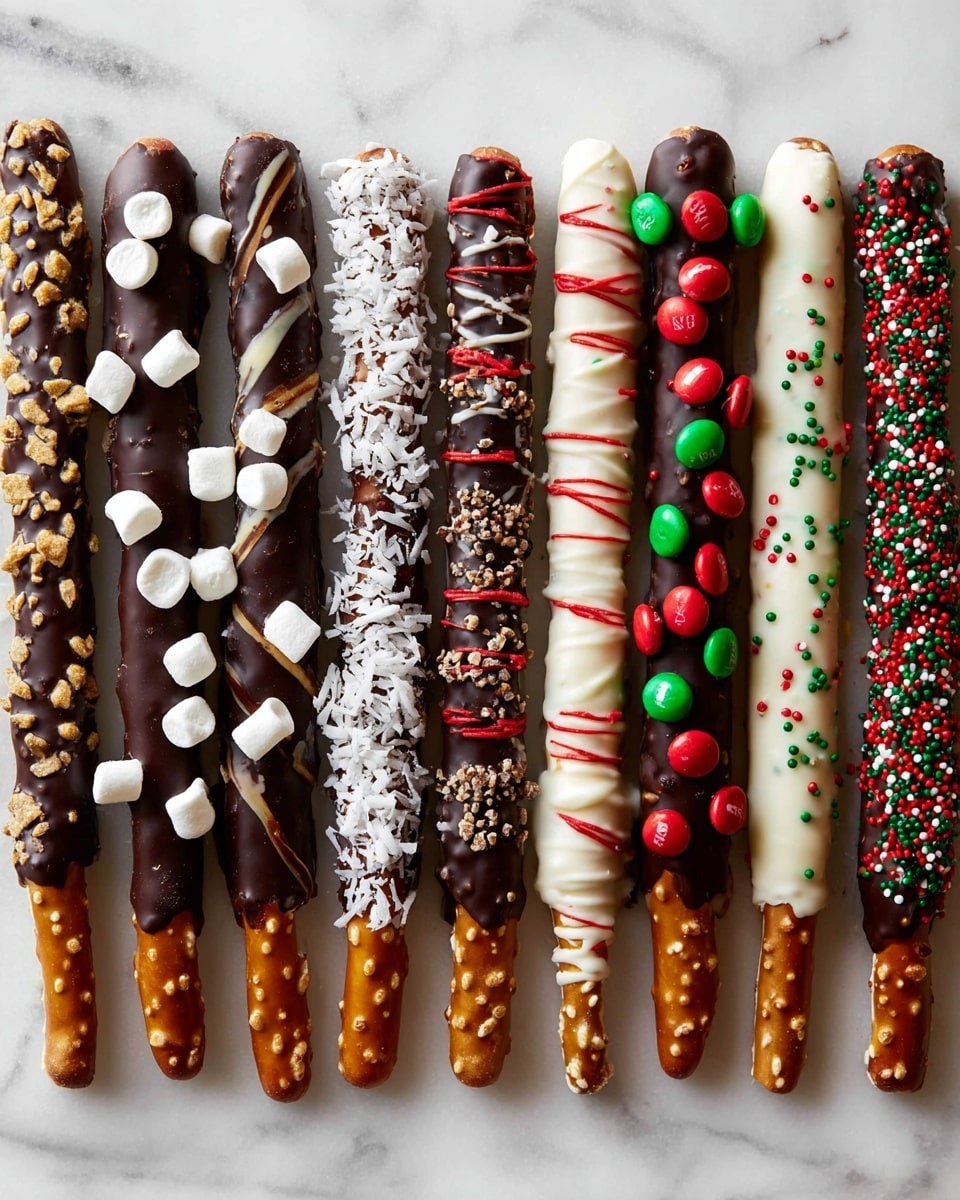 The image shows a row of ten pretzel sticks lined up diagonally on a white marbled surface. Each pretzel is dipped halfway in different colors and decorations: dark brown chocolate with tiny white marshmallows, white coating with red and green sprinkles, dark brown chocolate with chopped nuts, white coating with red and green round candies, dark brown chocolate with swirled dark lines, white coating with red and green tiny dots, and several variations of dark and white coatings covered in colorful Christmas-themed sprinkles. The pretzels are golden brown with visible salt crystals on their exposed ends. The textures include smooth glossy chocolate, rough sprinkles, and soft mini marshmallows. photo taken with an iphone --ar 4:5 --v 7