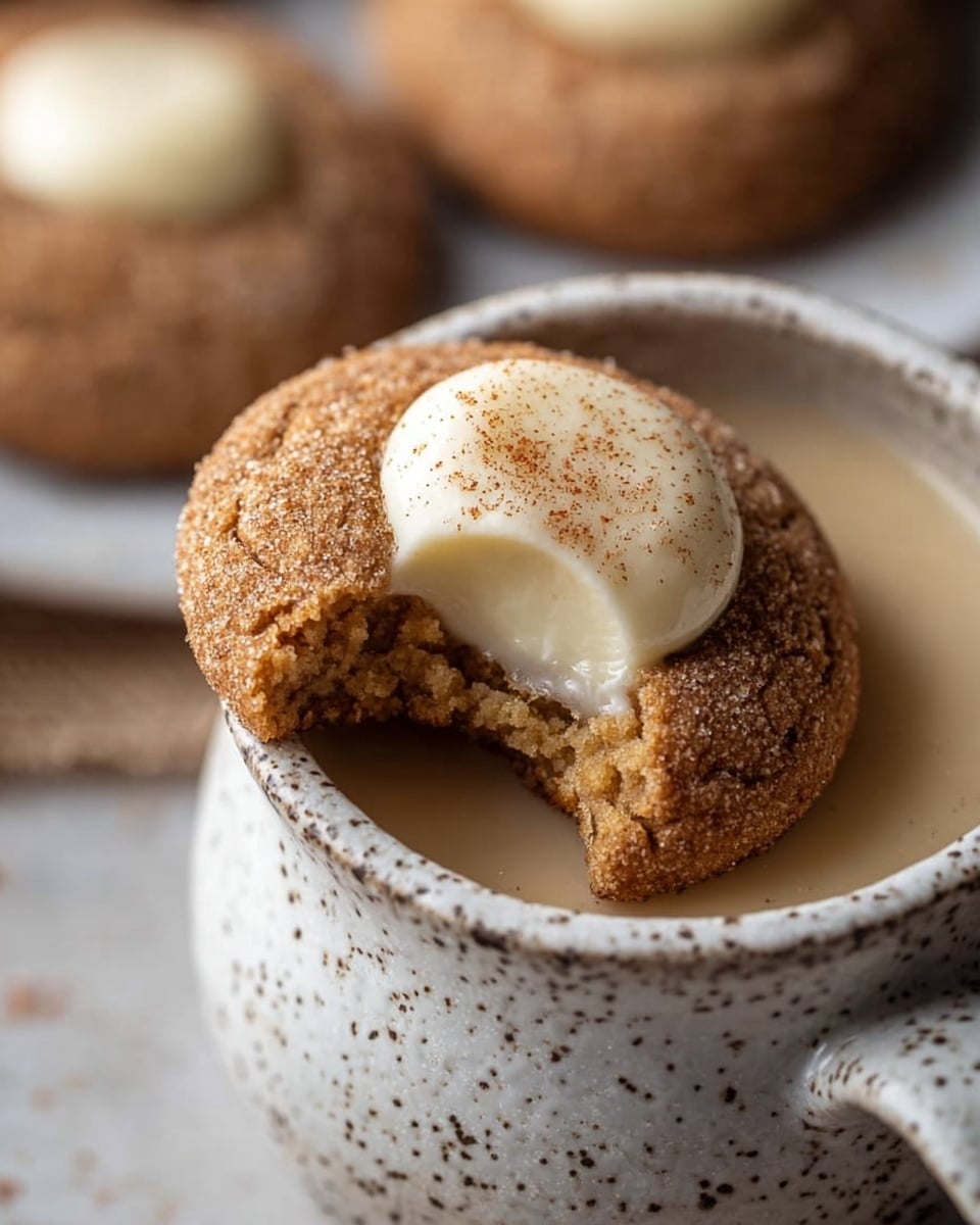A close-up photo shows a round light brown cookie with a rough texture, sprinkled with cinnamon or spice, resting on the rim of a white speckled mug filled with a creamy, light brown drink. The cookie has a bite taken out of it, exposing the soft inside. On top of the cookie is a round dollop of smooth, white cream with a slight sprinkle of spice or cinnamon. In the blurred background, more similar cookies are visible on a white marbled surface. photo taken with an iphone --ar 4:5 --v 7