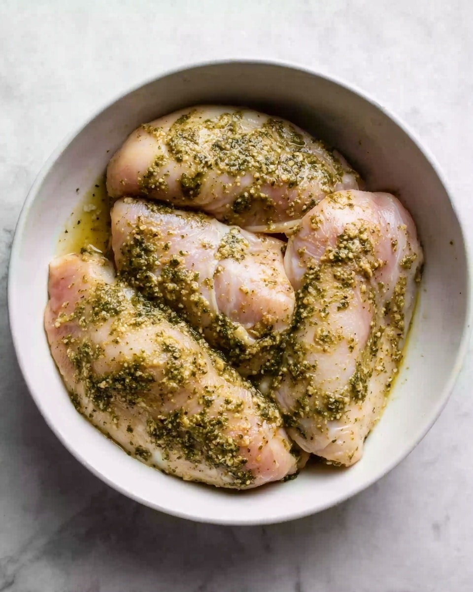 A white bowl holds three large raw chicken pieces covered with a green herb sauce. The chicken pieces are arranged close together, with the herb sauce evenly spread on top, giving the surface a textured look with specks of green on the pale pink chicken. The bowl sits on a white marbled surface. Photo taken with an iphone --ar 4:5 --v 7