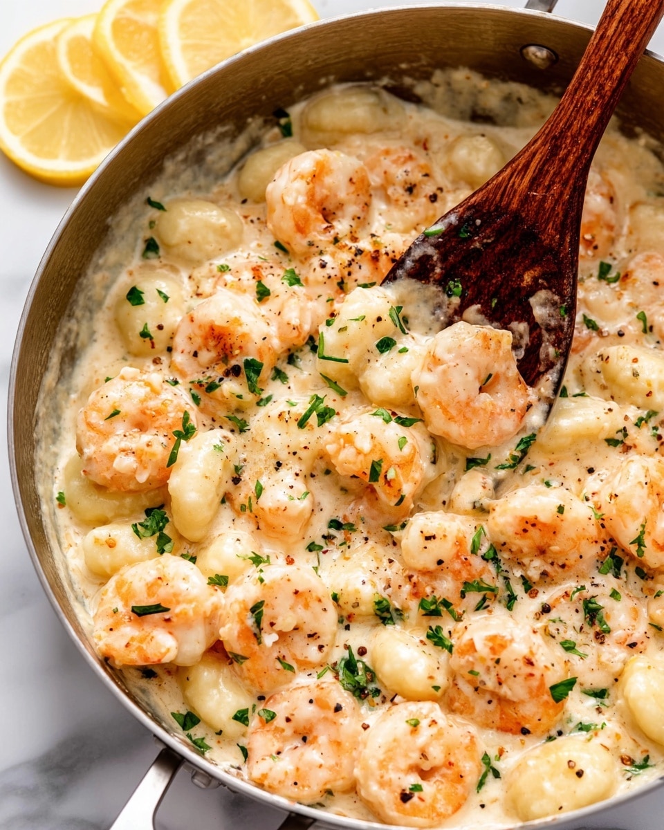 A white plate holds a creamy shrimp and gnocchi dish with about three visible layers: the base layer is soft, round gnocchi in a creamy white sauce, the middle layer shows pinkish-orange cooked shrimp mixed throughout, and the top layer features scattered green herbs sprinkled over the sauce. The plate is on a white marbled surface with a black and white striped cloth underneath and a gold fork resting on the edge of the plate. A bunch of fresh green parsley and a sliced lemon can be seen blurred in the background. photo taken with an iphone --ar 4:5 --v 7