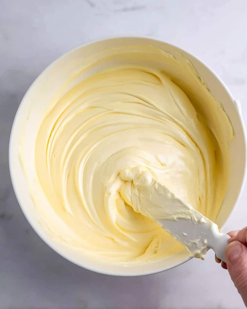 A close-up image shows a white bowl filled with smooth, light yellow cream being stirred by a woman's hand holding a spatula. The cream has a thick, silky texture with gentle swirls on the surface. The bowl sits on a white marbled surface, enhancing the soft color and creamy texture of the mixture. The spatula is partially covered in the cream, showing the cream's rich and fluffy consistency photo taken with an iphone --ar 4:5 --v 7