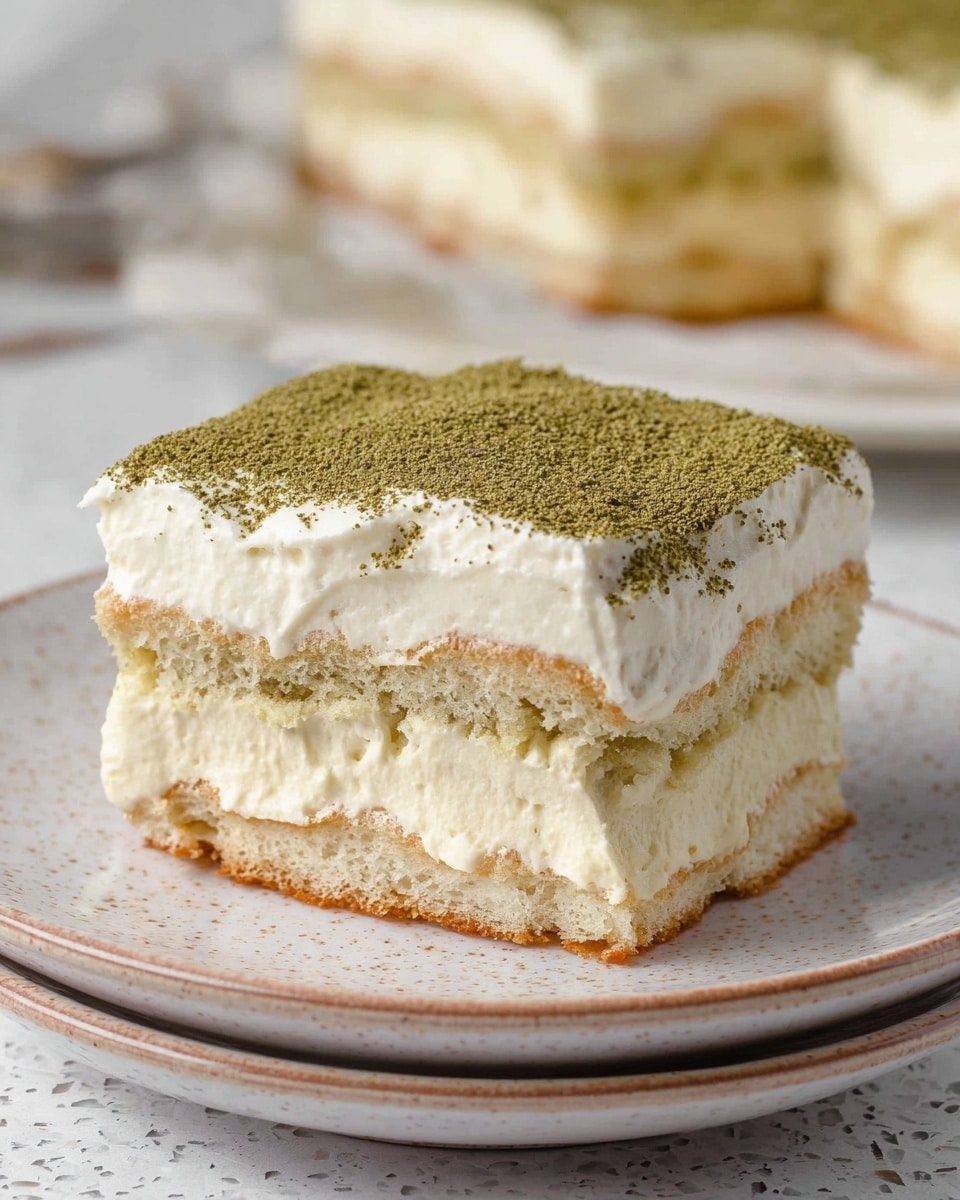 A square piece of layered dessert sits on a white plate with speckled texture. The dessert has three distinct layers: the top is a smooth, fine green powder, the middle is a thick, creamy white layer, and the bottom consists of soft, light beige sponge layers soaked in liquid. The layers are stacked neatly with a soft, moist appearance. In the background, there is a blurred glass dish with more pieces of the same dessert and a bamboo whisk, all on a white marbled surface. Photo taken with an iphone --ar 4:5 --v 7