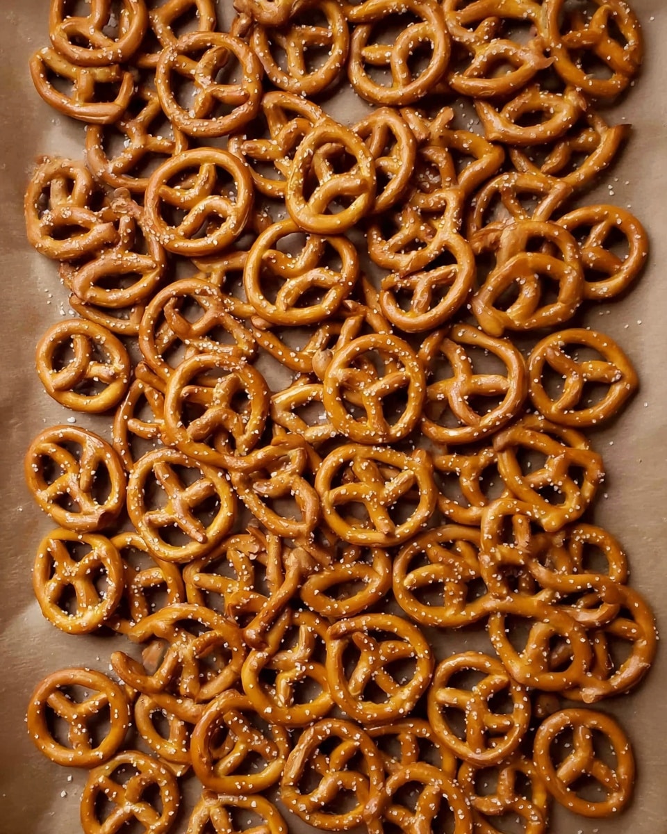 A large, flat layer of shiny, golden-brown pretzels with a knotted shape is spread evenly across a flat surface, showing the smooth and slightly salty texture of each pretzel. The pretzels have a light sprinkling of salt crystals that catch the light, creating small white specks on top. The pretzels cover almost the entire surface beneath, which is a neutral, brownish color. photo taken with an iphone --ar 4:5 --v 7
