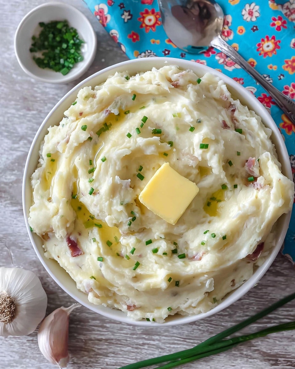 A white bowl filled with creamy mashed potatoes showing soft swirls and chunks with bits of red potato skin mixed in, topped with a square pat of melting yellow butter in the center and sprinkled with small green chive pieces scattered on the surface. The bowl is on a wood-textured table next to a colorful blue napkin with small red and yellow flowers, a whole garlic bulb, and a small white bowl partly visible with more chopped chives. A woman's hand holding a spoon is partly visible at the bottom edge. The background is a white marbled texture photo taken with an iphone --ar 4:5 --v 7