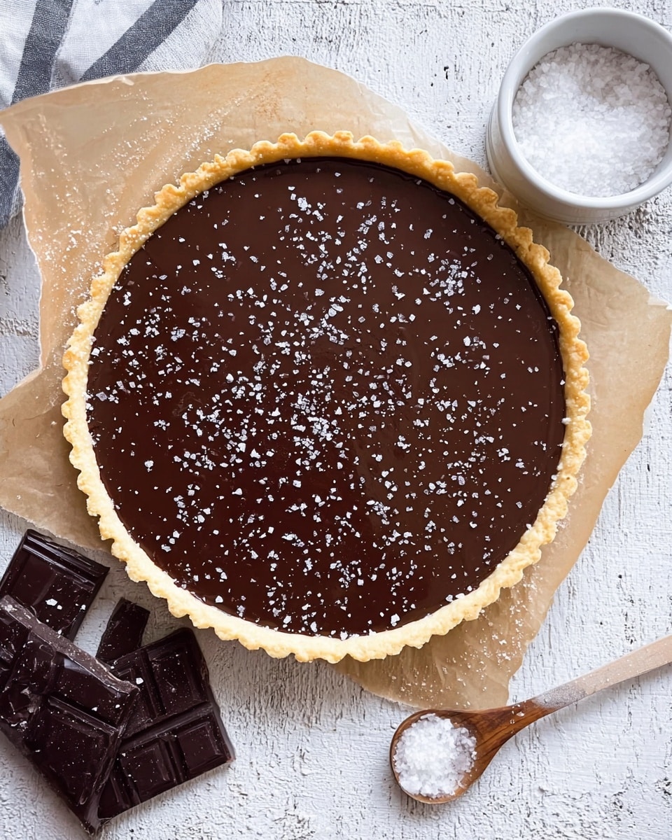 A round tart with two layers: the bottom layer is a light golden crust with a scalloped edge, firm and crisp, and the top layer is a smooth, rich dark chocolate filling covering the crust evenly. The dark chocolate surface has small flakes of white salt sprinkled gently across it. The tart sits on parchment paper on a white marbled textured surface. To the side, there is a white container filled with coarse salt and a wooden spoon holding some salt, along with a chunk of dark chocolate broken into pieces. photo taken with an iphone --ar 4:5 --v 7