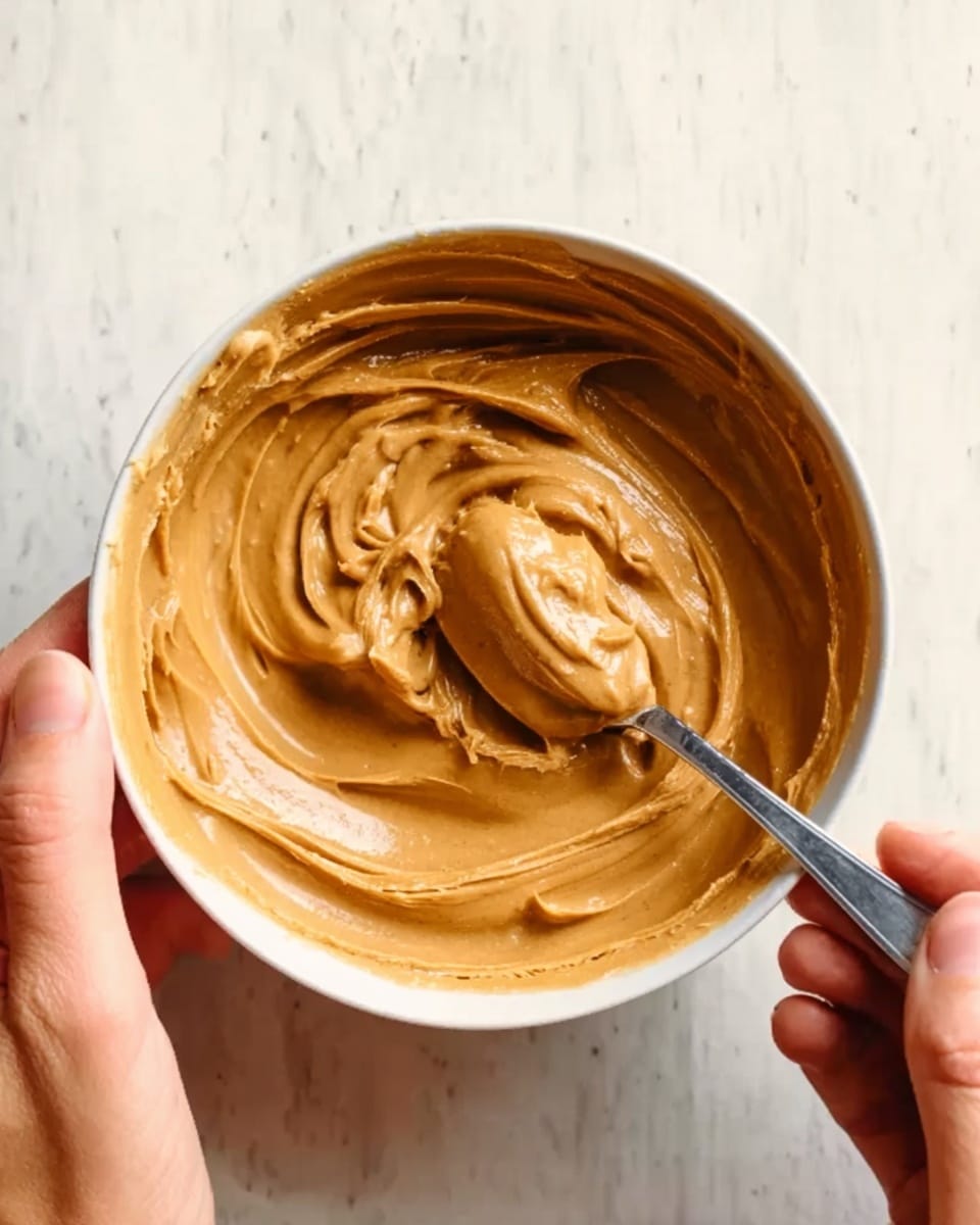 A close-up view of a white bowl filled with thick, smooth, light brown peanut butter spread in swirls and small peaks. A spoon is scooping some peanut butter from the bowl, held by a woman's hand on the left side, while another woman's hand holds the bowl on the right side. The background is a white marbled surface. photo taken with an iphone --ar 4:5 --v 7