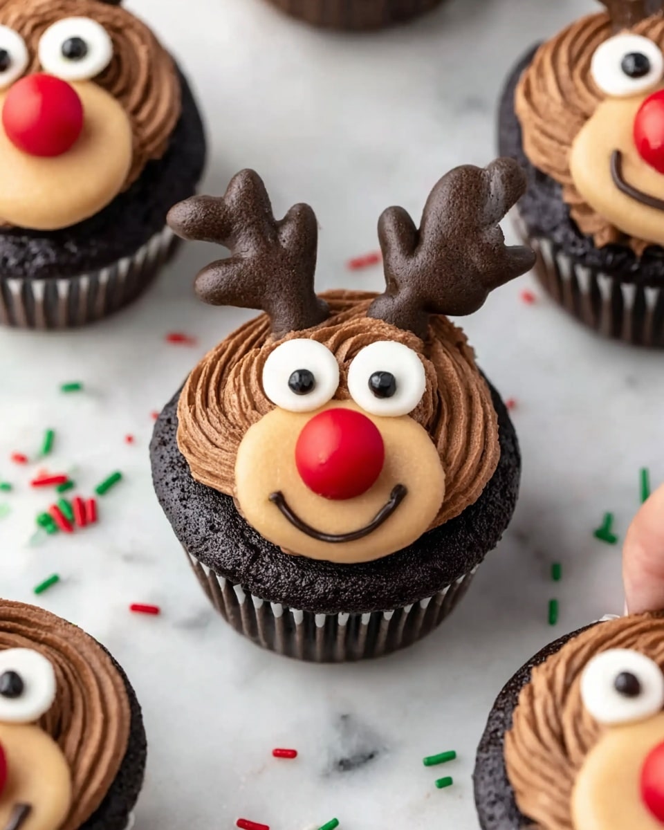 A close-up of a dark chocolate cupcake decorated like a reindeer, placed on a white marbled surface with scattered green and red sprinkles around. The cupcake has three main layers on top: the base layer of dark chocolate cake, a thick layer of smooth brown frosting covering the top, and a tan frosting shaped as a rounded muzzle in the lower center. Two large white candy eyes with black pupils and small white dots sit above the muzzle, and a bright red round candy forms the nose in the middle. Two dark brown chocolate antlers stick up from behind the frosting face on each side. A small curved brown frosting line suggests a smiling mouth on the muzzle. A woman’s hand is gently touching the antler on one cupcake. Other similarly decorated cupcakes appear at the edges of the frame. Photo taken with an iphone --ar 4:5 --v 7
