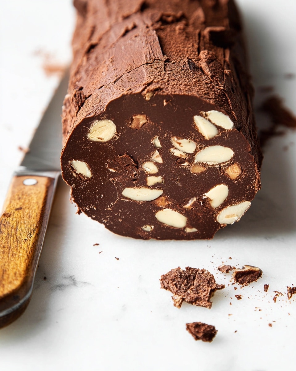 A close-up image of a chocolate log with a rough, slightly cracked outer layer showing a dark brown color. Inside, the log is dense and smooth with large, uneven pieces of light-colored nuts scattered throughout, giving texture and contrast. The log is placed on a white marbled surface with a wooden-handled knife lying next to it on the left side. Small chocolate crumbs are visible near the front edge of the log, enhancing the natural, unpolished look. Photo taken with an iphone --ar 4:5 --v 7