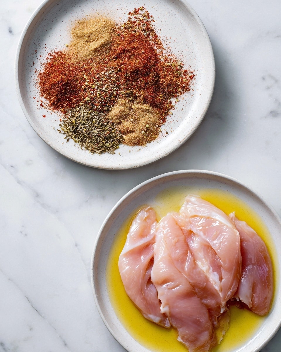 Two white plates are set on a white marbled surface. One plate is filled with four thin, pale pink raw chicken slices lying flat and covered lightly in golden-yellow oil that pools around the edges. The other plate holds a mix of dry spices arranged loosely in layers, showing deep red paprika, light brown garlic powder, dark green dried herbs, and black pepper, spread out unevenly across the plate. Photo taken with an iphone --ar 4:5 --v 7