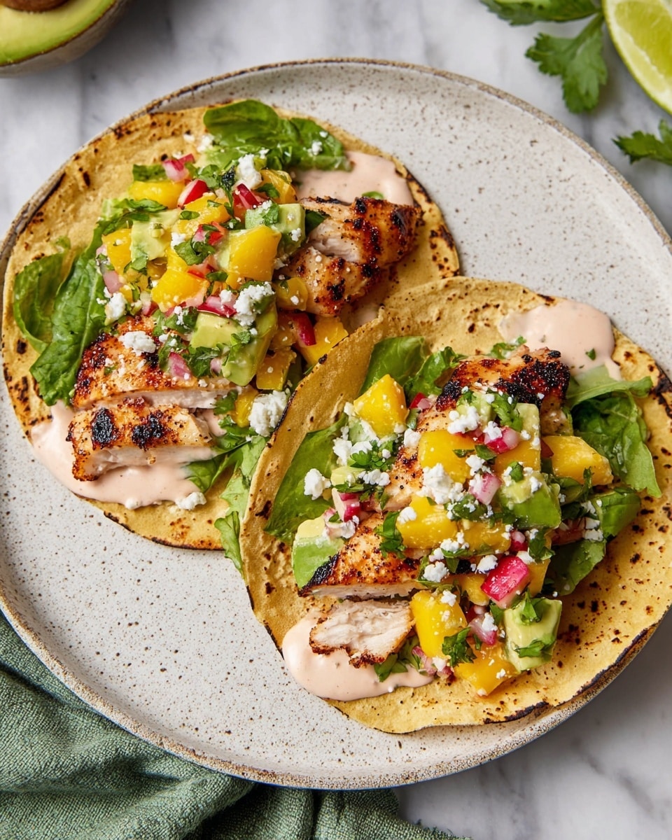 Two grilled chicken tacos are placed side by side on a round white plate with a light speckled edge, set on a white marbled surface. Each taco has three layers: the soft, slightly charred yellow corn tortilla at the bottom, then a layer of light pink creamy sauce spread on the tortillas, topped with pieces of grilled brown chicken with a slightly crisp exterior. On top of the chicken are chunks of bright yellow mango, green avocado, red radish, and fresh green lettuce, all mixed into a colorful salsa. Small white crumbles of cheese are sprinkled over the top, adding a final touch of texture. Nearby, lime wedges and a bowl of chunky mango salsa sit on the white marbled surface around the plate. Photo taken with an iphone --ar 4:5 --v 7