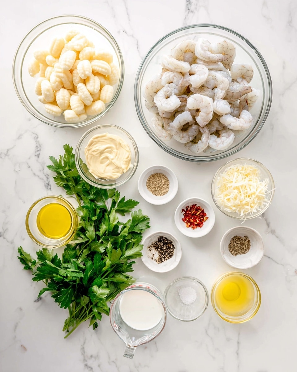The image shows several clear glass and white bowls arranged on a white marbled surface, each holding different ingredients. In the top right, a clear bowl contains raw, peeled shrimp which are light grey and white. To its left, another clear bowl holds small, pale cream gnocchi. Below these, fresh green parsley leaves are spread out. Surrounding the parsley are smaller bowls: one with creamy yellow mayonnaise, another with finely chopped light yellow garlic, a white bowl filled with shredded pale cheese, and tiny white bowls with black pepper and red chili flakes. There is a small glass bowl with pale yellow oil, a measuring jug filled with white milk, and another bowl with a light yellow liquid, all together showing an assortment of ingredients on the white marbled surface. photo taken with an iphone --ar 4:5 --v 7