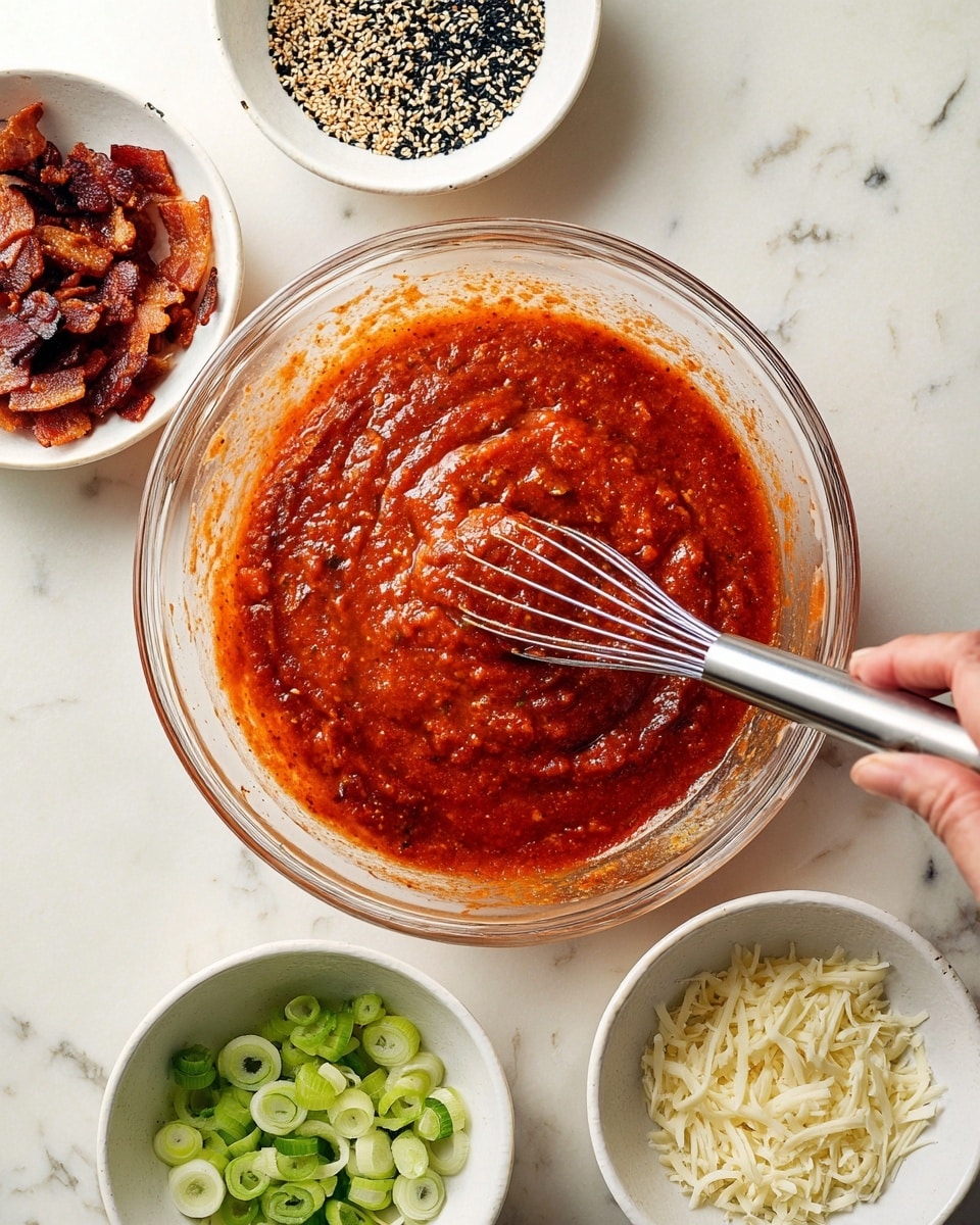 A clear glass bowl filled with a thick, bright red sauce with a slightly chunky texture is being stirred by a silver whisk held by a woman's hand on the right side. Around the bowl are four small white ceramic bowls: the top left holds crispy dark brown bacon pieces, the top right contains a mix of black and white sesame seeds, the bottom left has sliced light green scallions, and the bottom right shows a pile of finely shredded white cheese. All items are placed on a white marbled surface. Photo taken with an iphone --ar 4:5 --v 7