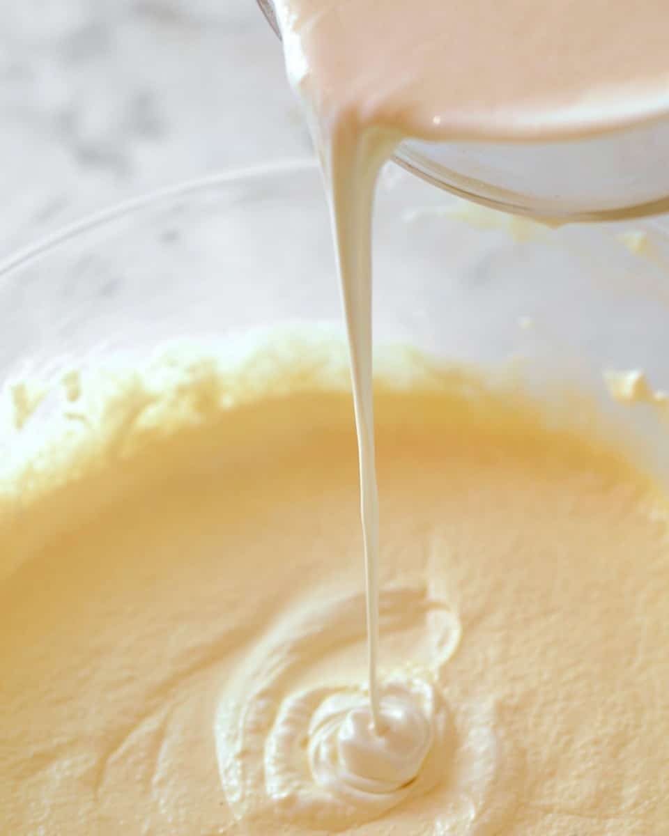 A close-up view of a thick, creamy off-white liquid being poured from a clear bowl into a larger container filled with a pale yellow soft mixture. The liquid forms a smooth stream as it flows downward. The background shows a white marbled texture softly blurred, emphasizing the pouring action and the textures of the creamy and soft mixtures. photo taken with an iphone --ar 4:5 --v 7
