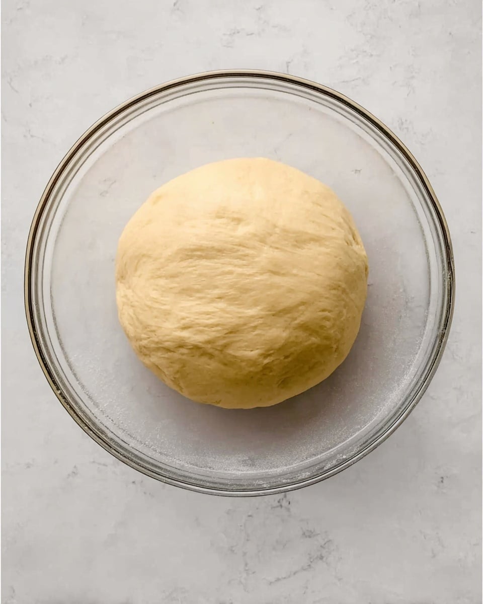 A single round ball of smooth, pale yellow dough sits in the center of a clear glass bowl. The dough has a soft, slightly shiny surface with a few faint wrinkles, showing it is well kneaded. The bowl is placed on a white marbled surface that adds a clean, bright background to the scene. Photo taken with an iphone --ar 4:5 --v 7