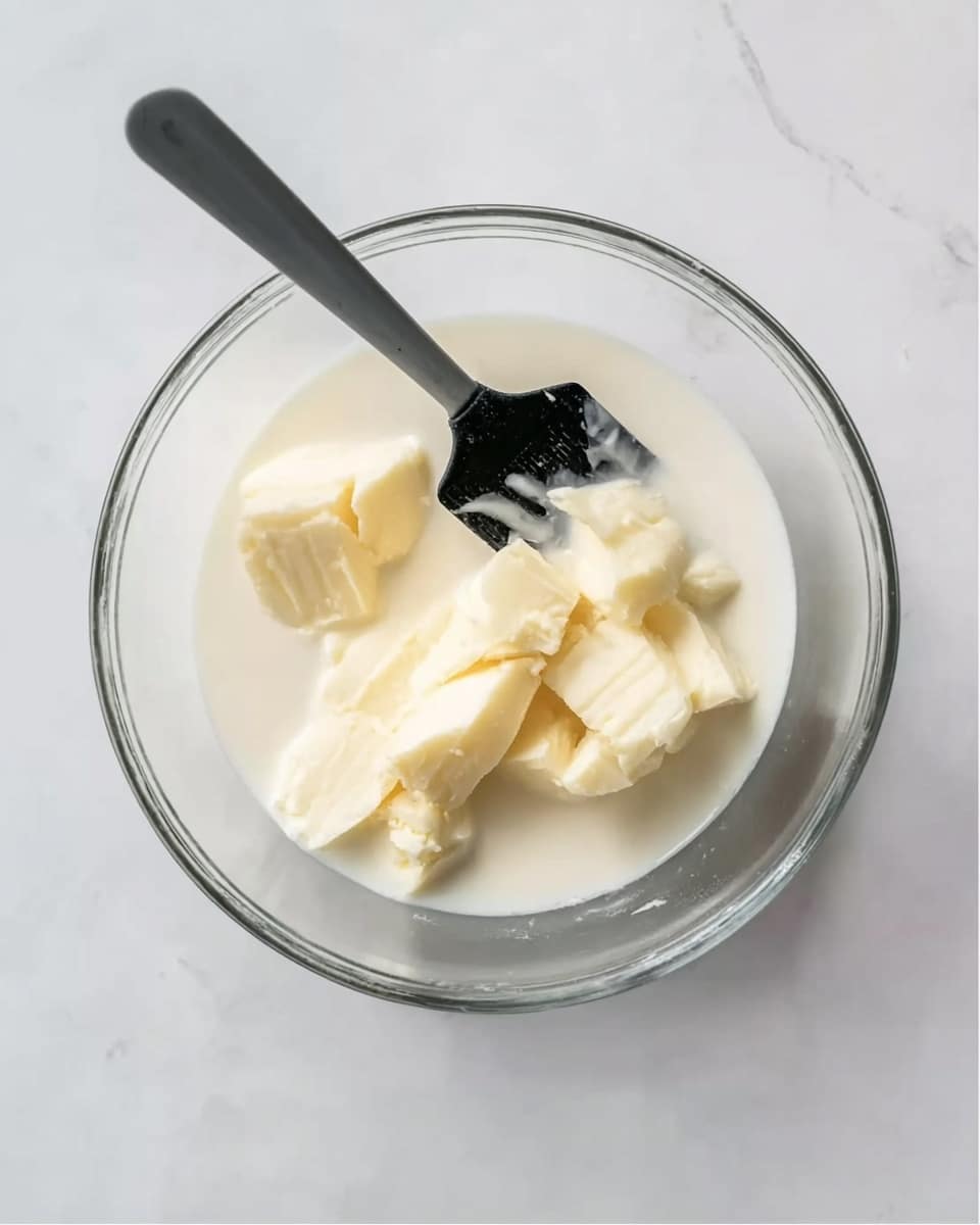 A clear glass bowl on a white marbled surface holds several uneven chunks of a pale yellow solid submerged in a pool of thick white liquid. A black spatula with a flat tip rests inside the bowl, partially covering some of the chunks. The scene is top-down with soft lighting that highlights the creamy textures and the smooth surface of the liquid, creating a calm and clean look. Photo taken with an iphone --ar 4:5 --v 7