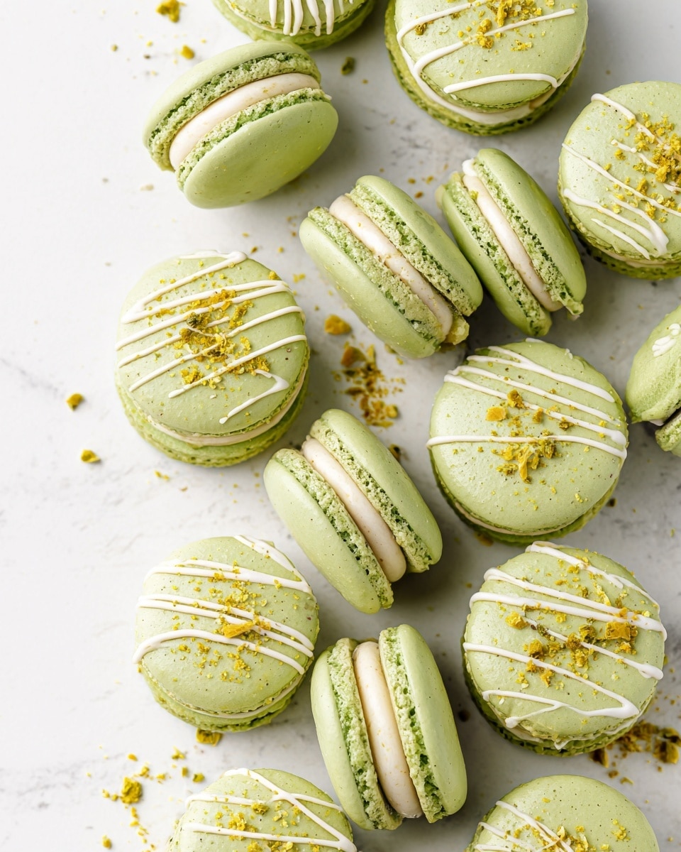 The image shows a group of light green macarons scattered on a white marbled surface. Each macaron has two smooth, round layers with a creamy white filling in the middle. The tops of the macarons have white drizzle lines and are sprinkled with small crushed yellow-green bits, adding texture and color contrast. Some macarons are placed flat, showing the top, while others are on their sides, revealing the filling and layers clearly. The overall look is clean, bright, and delicate. photo taken with an iphone --ar 4:5 --v 7