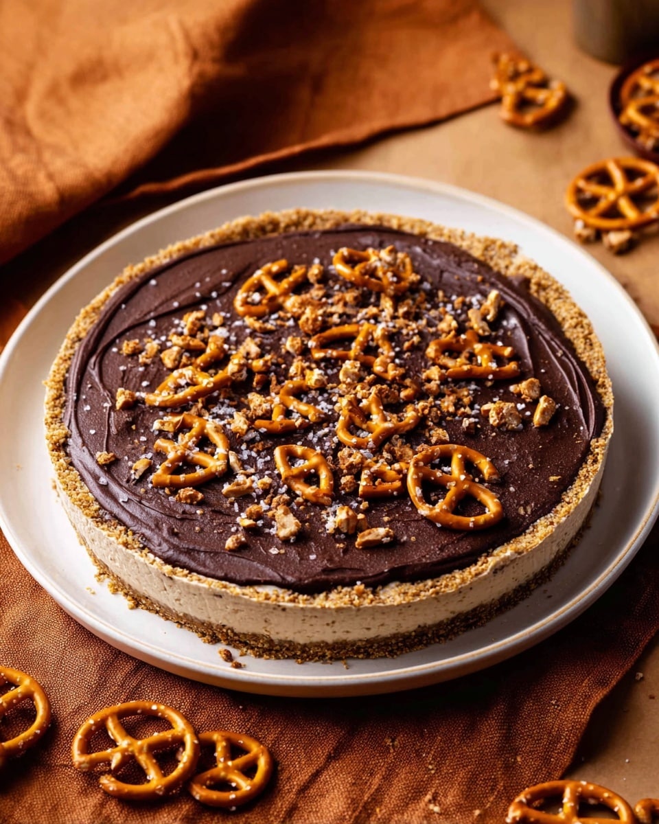 The image shows a round pie on a white plate with a crumbly brown crust layer pressed against the edges. Inside, there is a light beige creamy layer topped with a smooth, dark chocolate layer spread evenly over it. On top of the chocolate, small broken pieces of crunchy pretzels are scattered all over, adding a textured contrast. The plate sits on a warm brown cloth, with extra whole pretzels placed around it. The photo was taken with an iphone --ar 4:5 --v 7