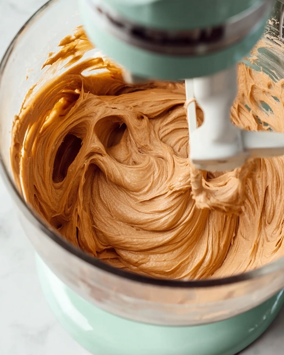 The image shows a close-up of a thick, smooth, light brown mixture in a clear glass bowl attached to a light green stand mixer. The mixture has soft, swirling textures with peaks and folds, while the white flat beater of the mixer is partially covered and embedded in it. The background surface is a white marbled texture. photo taken with an iphone --ar 4:5 --v 7
