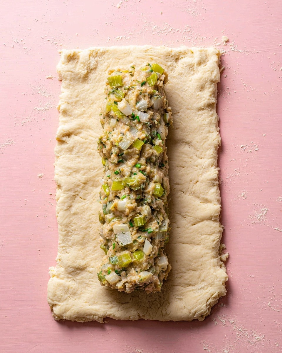 A rough rectangle shape of dough lies flat on a pink surface, with a mixture log placed in the middle. The dough is pale and slightly lumpy with uneven edges, while the mixture log is thick and textured, showing small chunks of ingredients such as green celery pieces, white onion bits, and specks of herbs spread throughout. The mixture contrasts with the smooth dough base, both having soft, natural colors. photo taken with an iphone --ar 4:5 --v 7