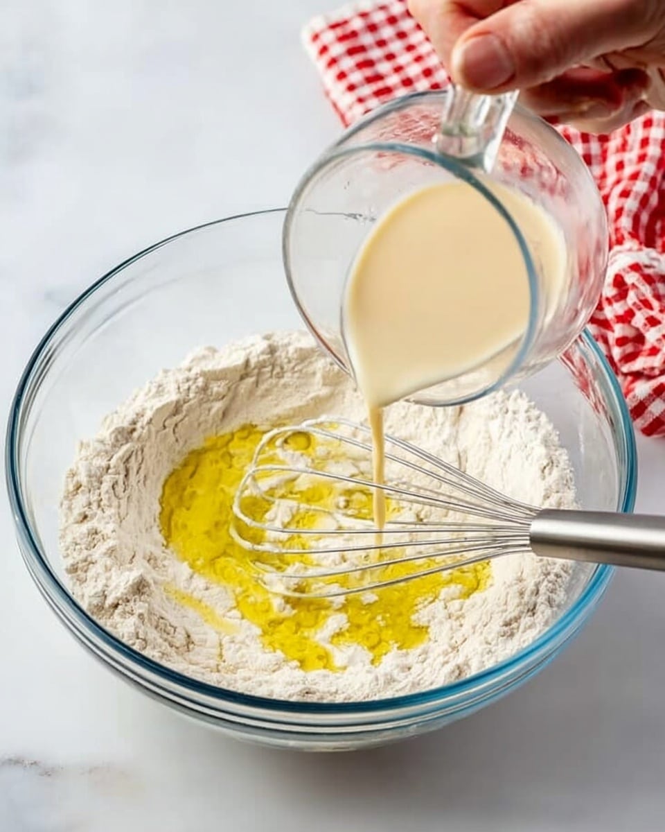 A clear glass bowl sits on a white marbled surface, filled with a thick layer of white flour. On top of the flour, there is a swirl of smooth yellow oil and a thinner layer of light beige liquid being poured from a clear glass cup by a woman's hand. A metal whisk is partly dipped into the bowl, resting on the flour and oil mix. In the background, there is a red and white checkered cloth. Photo taken with an iphone --ar 4:5 --v 7