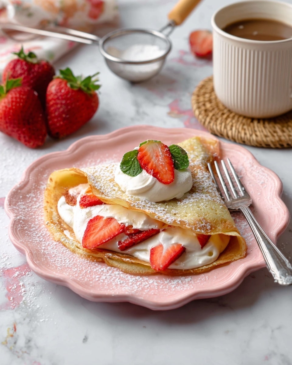 A folded golden-brown crepe sits on a pink plate with wavy edges, filled with white cream and bright red sliced strawberries visible inside. On top, more white cream and two strawberry halves with green leaves rest, dusted lightly with powdered sugar that also decorates the plate and the silver fork beside it. In the background, a white marbled surface holds two whole strawberries, a cup of brown coffee or tea in a white ribbed mug on a woven coaster, and a metal sifter with powdered sugar. Photo taken with an iphone --ar 4:5 --v 7