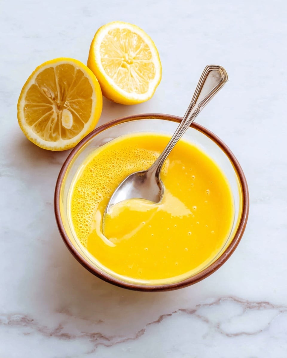 A clear glass bowl with a thin brown rim holds a smooth, bright yellow sauce, its texture slightly foamy on top, with a silver spoon resting inside the bowl showing the sauce’s shiny, thick consistency. Beside the bowl on a white marbled surface are two halves of a yellow citrus fruit, their interiors fresh and juicy looking with a slightly rough outer peel. The whole scene is bright and clean, focusing on the vibrant color contrast between the sauce and the citrus. photo taken with an iphone --ar 4:5 --v 7