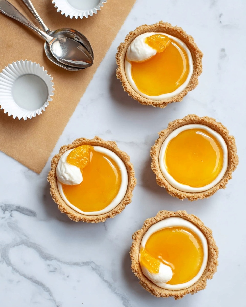 Four small round tarts with a light beige crust are placed on a white marbled surface. Each tart has two visible layers: a thick, smooth white cream layer at the bottom and a bright glossy orange jelly-like layer on top, filling the center of the tart. One tart has a small dollop of extra cream and an orange piece on the edge. Above the tarts is a brown parchment paper with a silver spoon and two empty white tart shells. photo taken with an iphone --ar 4:5 --v 7
