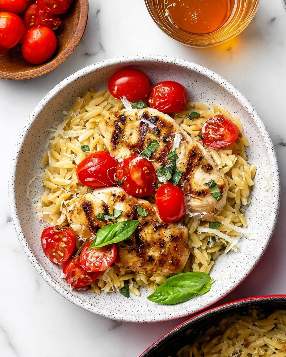 A white speckled bowl holds two pieces of cooked chicken with brown grilled marks layered on top of a bed of light yellow orzo pasta mixed with small bits of green herbs. On top of the chicken and pasta, there are several halved and whole bright red cherry tomatoes and green basil leaves, with some shredded white cheese sprinkled around. The bowl sits on a white marbled surface with a small wooden bowl of whole cherry tomatoes on the upper left and an amber drink in a clear cup on the upper right. A red pot with more orzo and tomatoes is partially visible at the bottom right. photo taken with an iphone --ar 4:5 --v 7