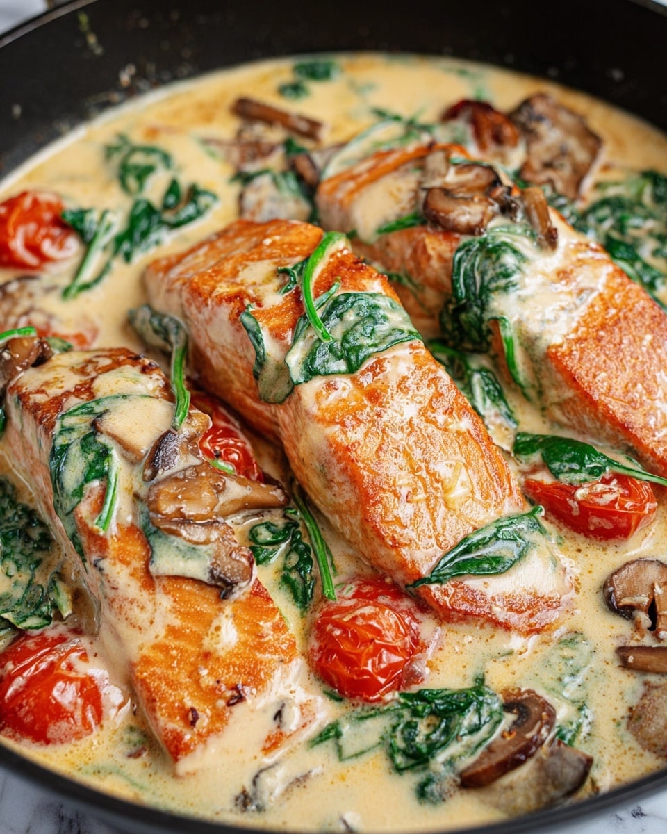The image shows three pieces of cooked salmon fillets lying in a creamy light beige sauce. The salmon has a slightly browned, textured surface with bright orange color. The sauce has visible fresh spinach leaves scattered on top and around the salmon, adding a deep green color. There are red cherry tomatoes partly submerged in the sauce and some pieces of cooked mushrooms with a darker brown hue. The dish rests in a black pan placed on a white marbled surface. The creamy sauce looks thick and smooth, covering parts of the salmon and vegetables closely. photo taken with an iphone --ar 4:5 --v 7