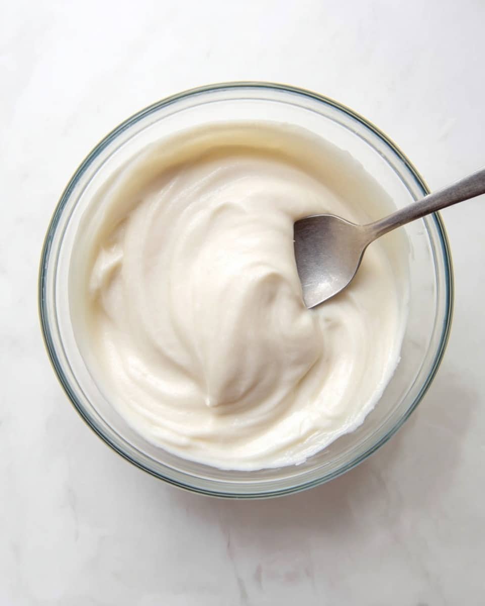 A clear glass bowl filled with a thick, smooth, creamy white mixture, swirled gently to show its soft texture. A silver spoon rests inside the bowl, partially covered with the creamy mixture. The bowl sits on a white marbled surface, giving a clean and simple background. photo taken with an iphone --ar 4:5 --v 7