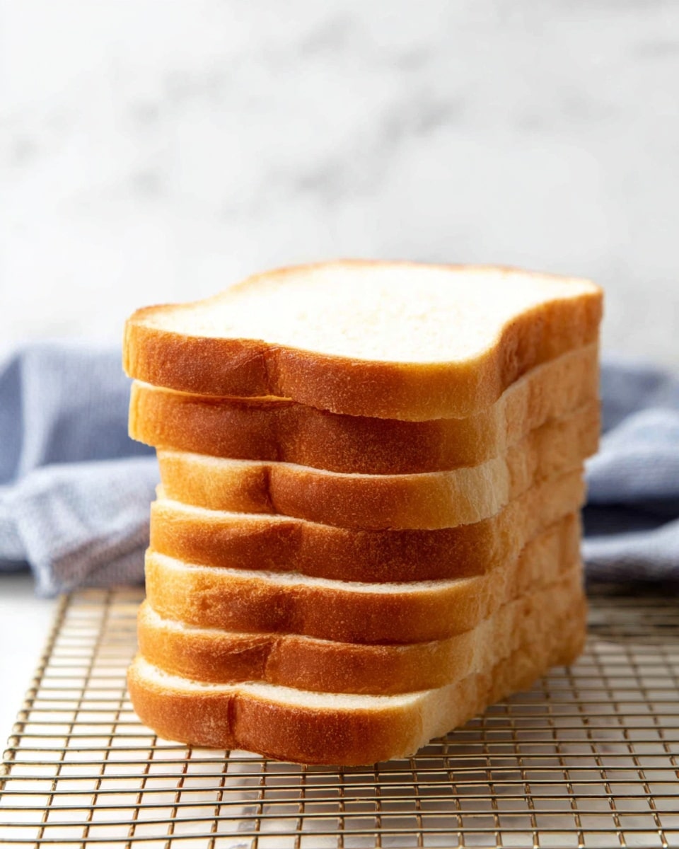 A stack of nine slices of white bread is shown standing upright on a metal wire cooling rack. The bread slices have a golden-brown crust with a soft, light cream-colored interior. The crust edges are slightly rounded and the texture looks soft and fluffy. Behind the stack, there are some blurred cloths in soft shades of blue and gray, placed on a surface with a white marbled texture. The lighting is bright, keeping the focus on the bread stack. Photo taken with an iphone --ar 4:5 --v 7