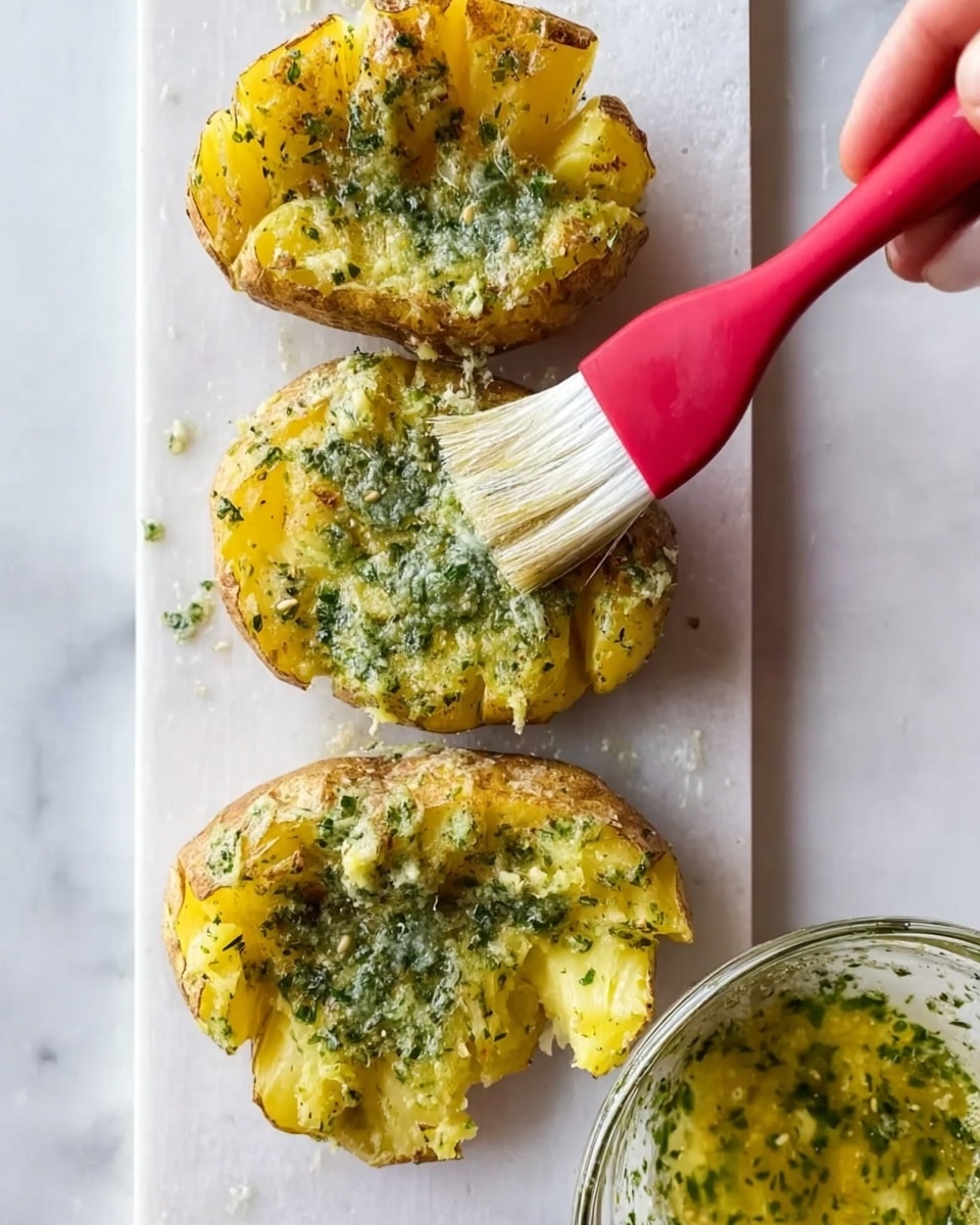 Three smashed golden baked potatoes are placed vertically on a white marbled surface. Each potato is spread open and topped with a green herb butter sauce that looks oily and slightly chunky with herb bits, covering the entire surface of each potato. A woman's hand holds a basting brush with a red handle and white bristles, brushing the herb butter on the top potato. On the right side, a clear glass bowl contains more of the green butter sauce with some sauce visible inside. The lighting is soft and natural, highlighting the textures of the crispy skin and moist inside of the potatoes. Photo taken with an iphone --ar 4:5 --v 7