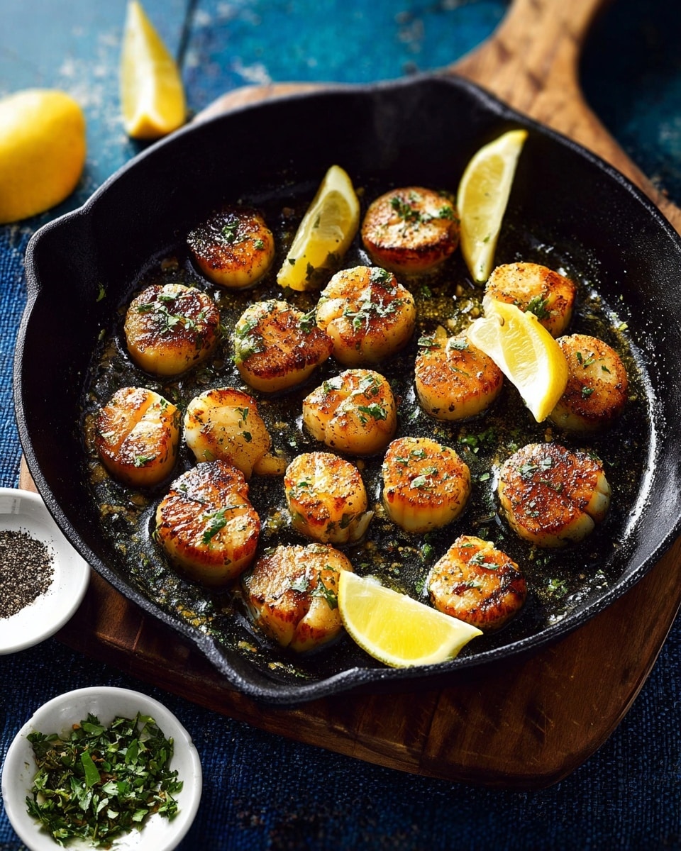 A black cast iron pan filled with about fifteen golden-brown scallops arranged in a rough circle, each scallop showing a caramelized crust and sprinkled with green herbs. There are three thin lemon wedges placed around the scallops inside the pan. The pan rests on a wooden board on top of a deep blue textured fabric surface. Near the pan, there is a small white round dish with cracked black pepper and a bowl with chopped green herbs, with a lemon wedge at the bottom edge of the frame. photo taken with an iphone --ar 4:5 --v 7