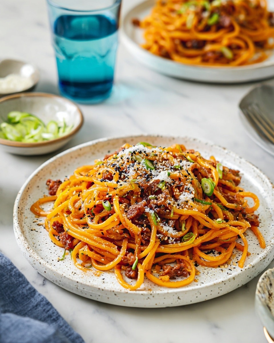A plate filled with thick orange noodles piled high, mixed with small pieces of browned meat scattered throughout, topped with green sliced scallions, white grated cheese, and a mix of black and white sesame seeds. The plate is white with a speckled rim, sitting on a white marbled surface. In the background, there is another similar plate of noodles, a blue glass of water, and small bowls holding extra sliced scallions and grated cheese. photo taken with an iphone --ar 4:5 --v 7